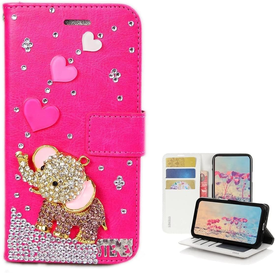 STENES Bling Wallet Phone Case Compatible with Samsung Galaxy S22 Case - Stylish - 3D Handmade Cute Pearl Beer Sexy Lips Magnetic Wallet Stand Leather Cover Case - Pink