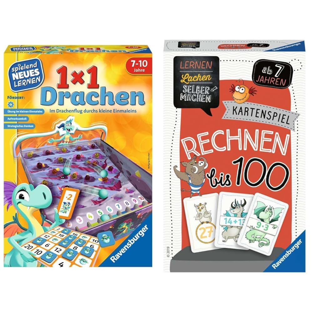 Ravensburger 24976-1x1 Drachen - Lernspiel für Kinder & 80660 - Lernen Lachen Selbermachen: Rechnen bis 100, Kinderspiel ab 7 Jahren, Lernspiel für 1-5 Spieler, Kartenspiel