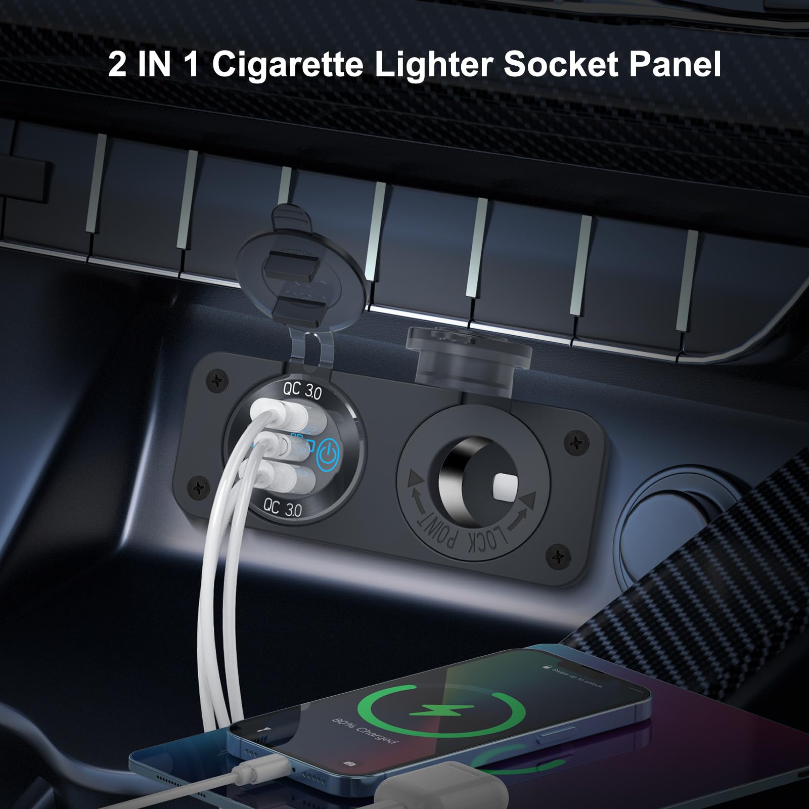 Prise USB 12V Marine Interrupteur Panneau PD3.0 QC3.0 Chargeur de Voiture Aluminium, Prise Allume-Cigarette 150W Étanche Kit Bricolage 2 en 1 pour Bateau Camping