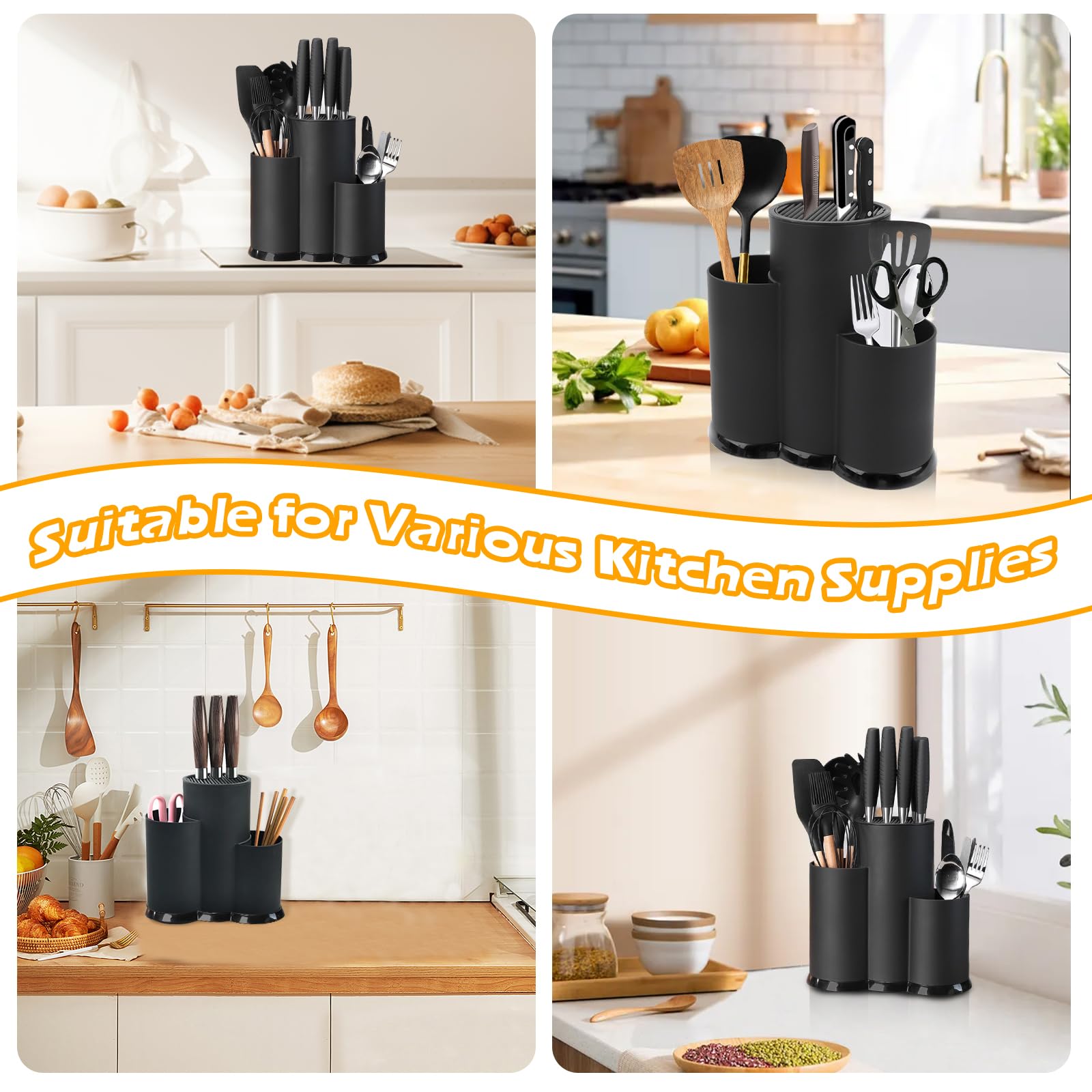 Suli Porte-ustensiles de cuisine extra large avec 3 compartiments, étagère d'angle en métal noir mat pour comptoir, rangement de cuisine rustique – Noir