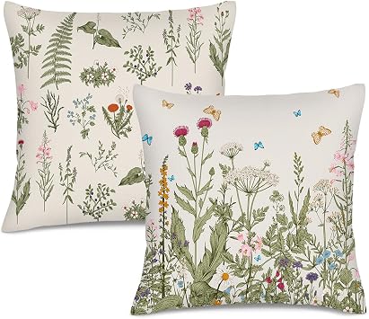 Vintage Floral Sage Green Spring Throw Pillow Covers 18x18 Set of 2