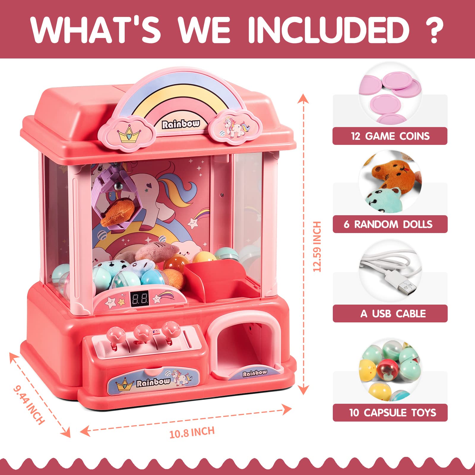 Claw Machine for Kids, Mini Vending Machines Arcade Candy Capsule Claw Game Prizes Toy, Electronic Small Pink Toys for Home , Adjustable Sounds and Music, Gifts for Adults Girls