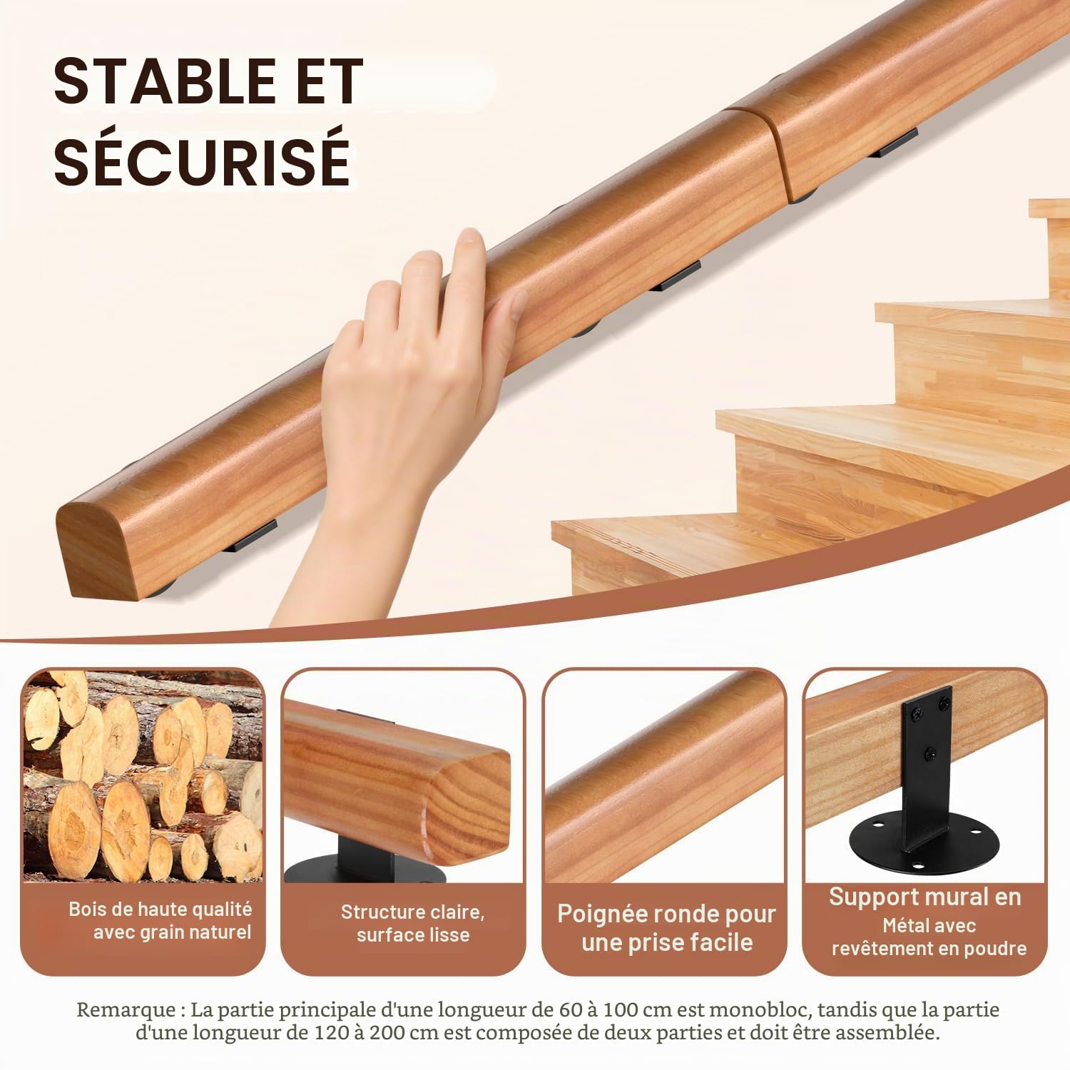 Main courante en bois de pin, 200 cm, rampe d'escalier murale, semi-circulaire, main courante en bois antidérapante, avec supports muraux, matériel de montage, noyer clair