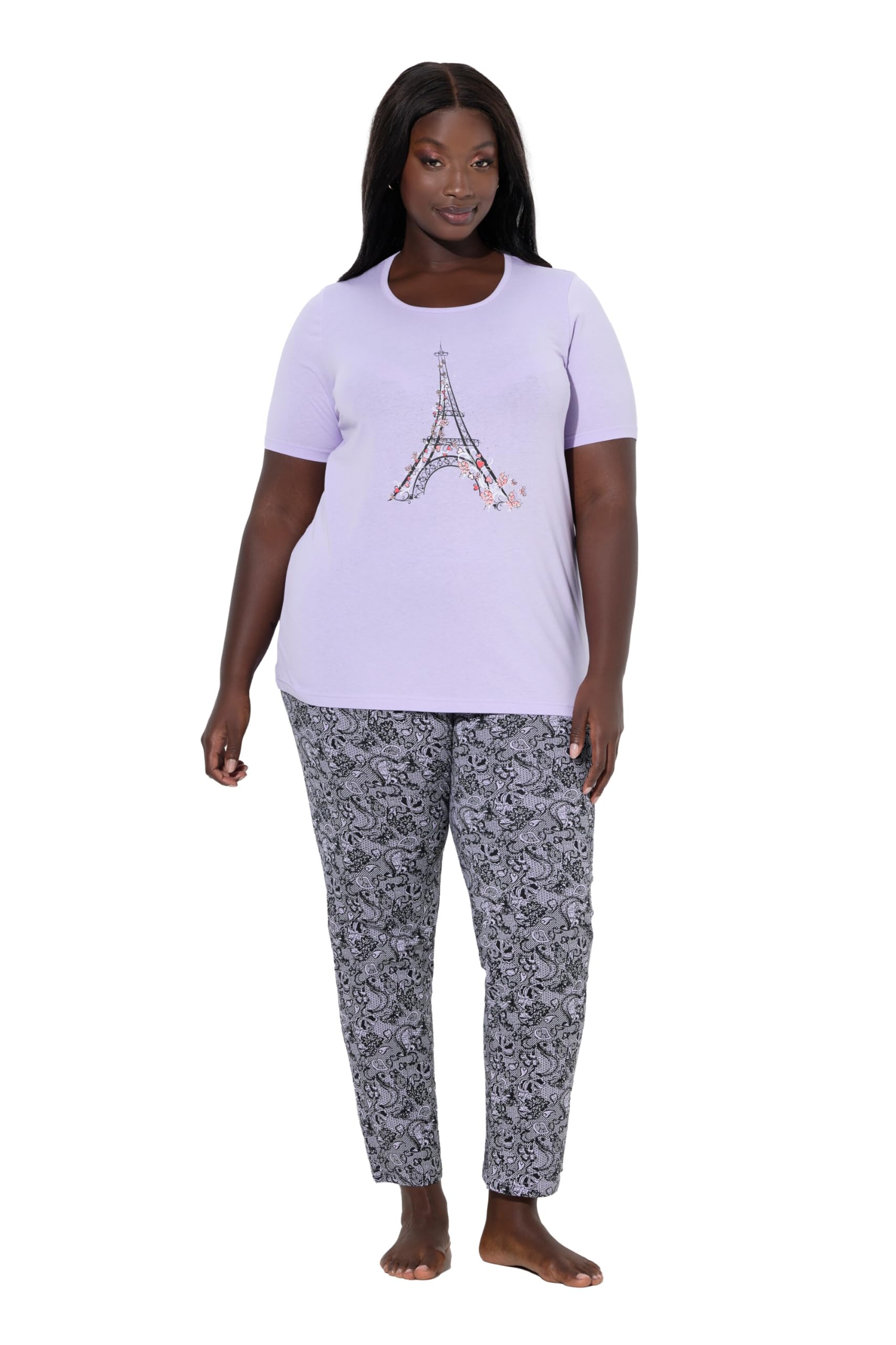 Ulla Popken Damen große Größen Übergrößen Plus Size Pyjama, Eiffelturm, Ziersteine, Rundhals, Halbarm 845393