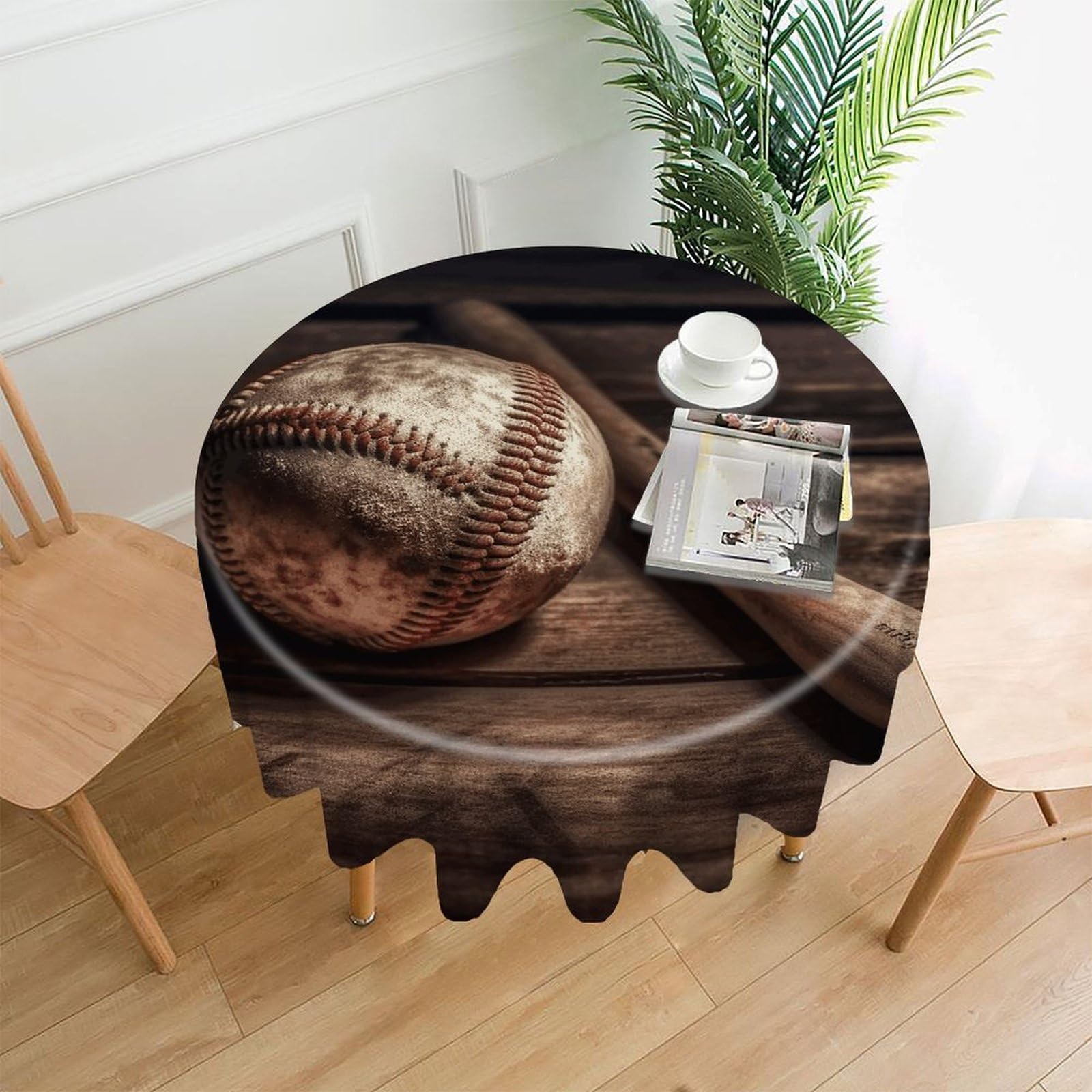 FodPand Baseball on Wooden Round Tablecloth - 60 Inch Premium Polyester Table Cloth, Fashion Wrinkle Resistant Decorative Table Cover for Dining Kitchen Party Buffet Tables