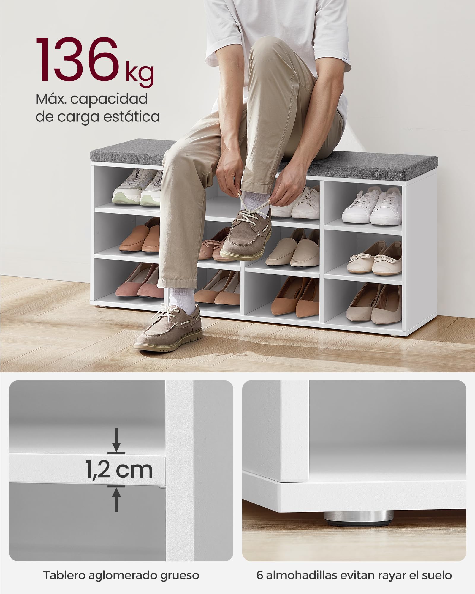 VASAGLE Banco Zapatero, Mueble Zapatero, Banco Recibidor con 12 Compartimentos y Asiento Acolchado, 30,3 x 104 x 48 cm, Entrada, Dormitorio, Sala de Estar, Blanco y Gris LHS012W14