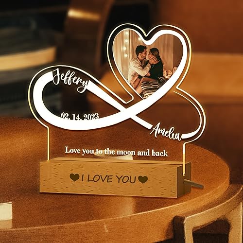 Miniatura 5 de Placa de acrílico con foto personalizada, regalos para aniversario, San Valentín, cumpleaños, luz nocturna LED personalizable, base de madera,