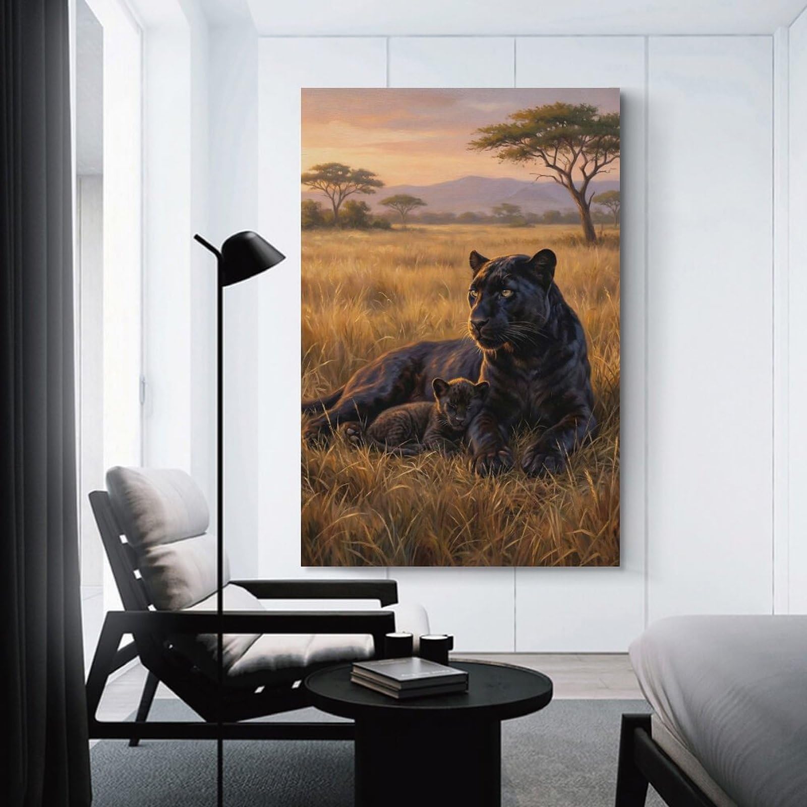 Junmoney Room Decor Wall Art Black Panther And Cub in Savannah, 20x30inch(50x75cm), for Wall Displays, Bedrooms Or Room Updates, An Easy Match for Collected Prints