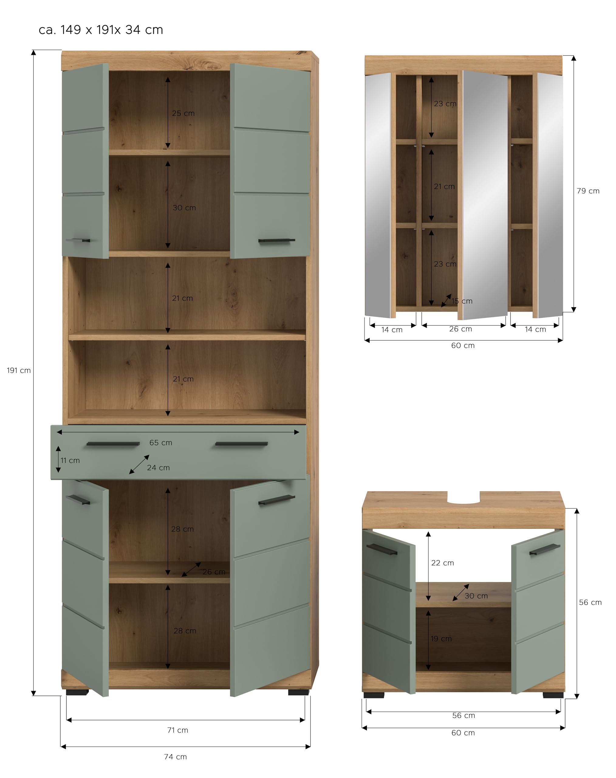 xonox.home – Badkombination Scout 149x191x34 cm in Artisan Eiche und Salbei Nachbildung – Zeitgemäße Badezimmerlösung mit Stauraum – kompakt – Bild 4