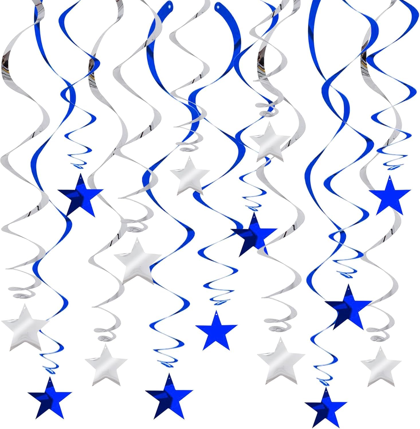 RIBBOOO Blue Silver Hanging Stars Swirl Pre-Strung, Glitter Star Garland Streamers for Birthday Party Graduation Wedding Baby Shower Decorations, Pack of 15