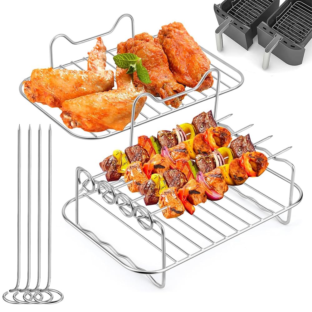 toijnhtk 2Pcs Air Fryer Racks 304 Stainless Steel, Double Layer Air Fryer Accessories, Compatible with Ninja AF300UK AF400UK Cosori Russell Hobbs Dual Drawer 7.6L-10.4L Air Fryers