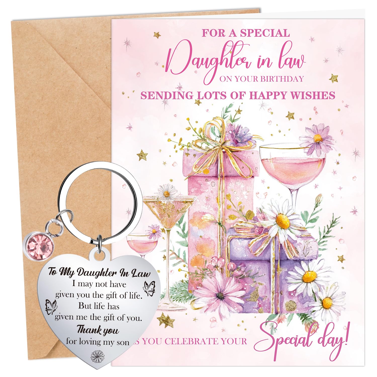 Eiapadeor Daughter in Law Birthday Cards Gift - 2Pcs Happy Birthday Gifts, Birthday Card for Daughter in Law with Envelope, Special Heart Keyring Women Greeting Card Present from Mother in Law