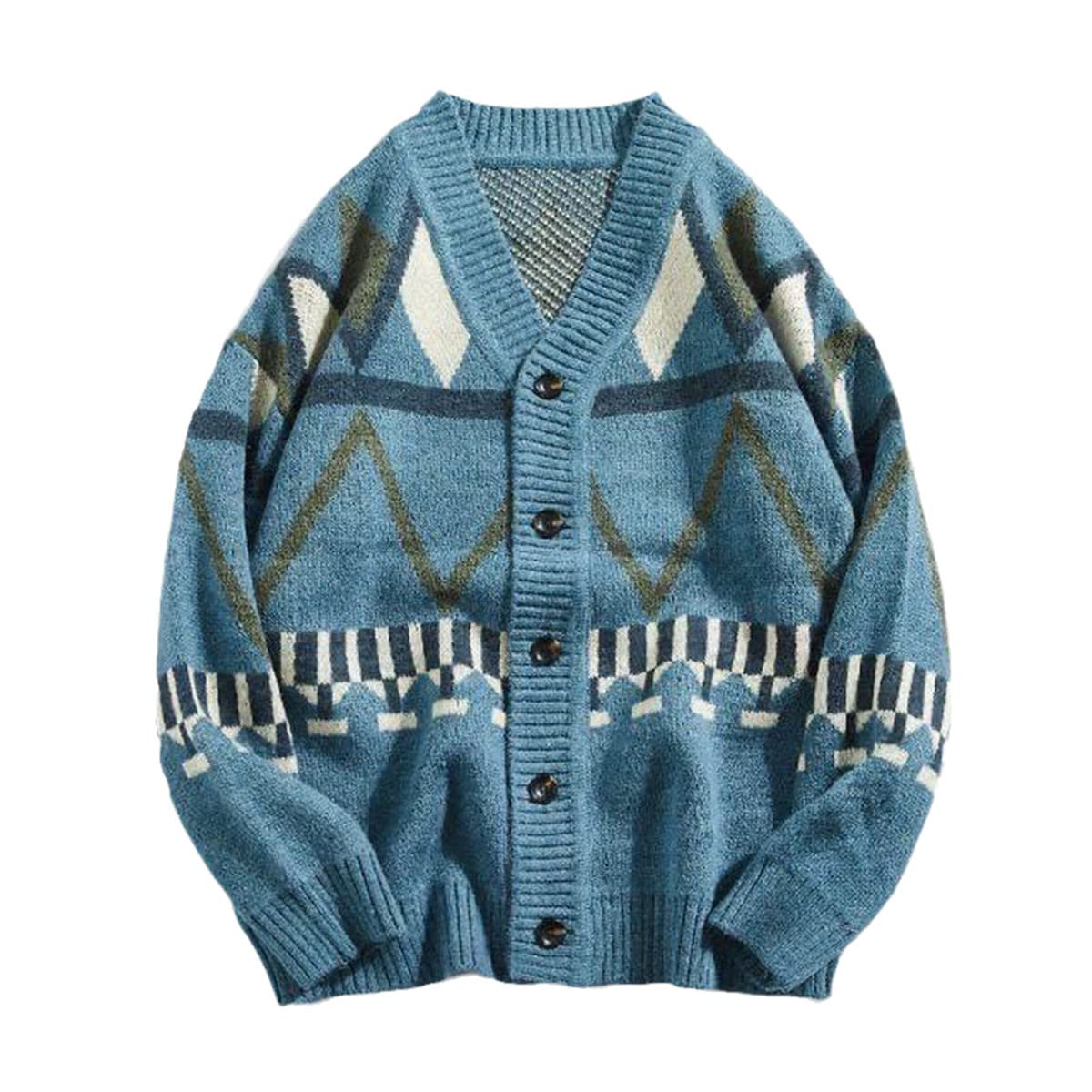 Pull rétro japonais col en V homme bleu ample chaud jacquard