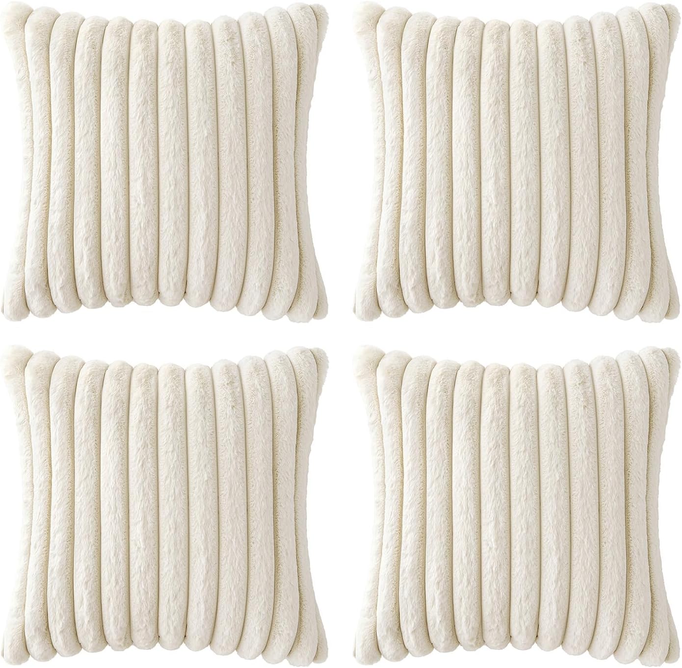 MIULEE Faux Fur Plush Decorative Throw Pillow Covers 18x18 Set of 4, Spring Modern Soft Fuzzy Striped Cushion Covers for Sofa Couch Bed Living Room Cozy Home Decor,Cream White