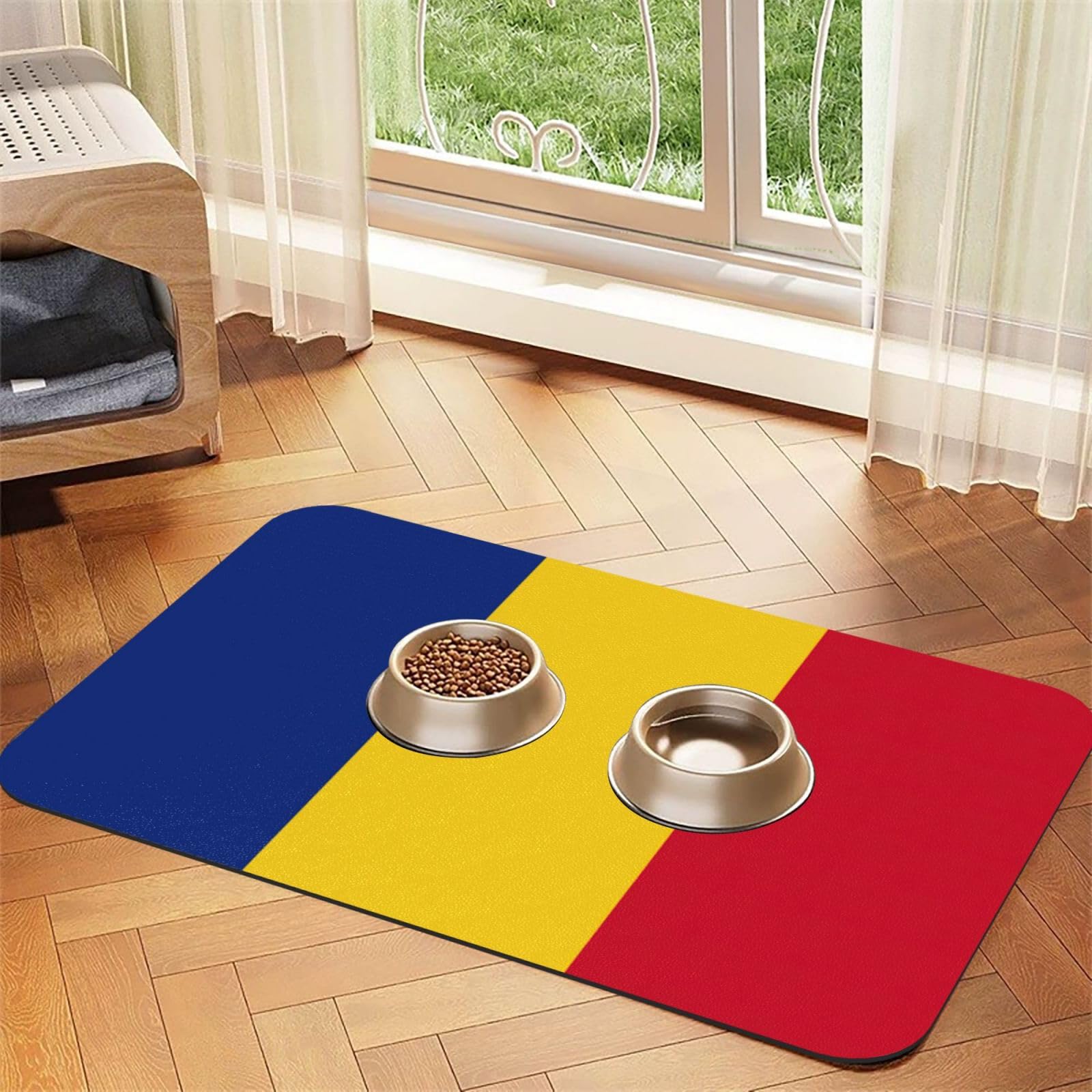 Tapis d'alimentation absorbant et antidérapant pour animaux motif Roumanie