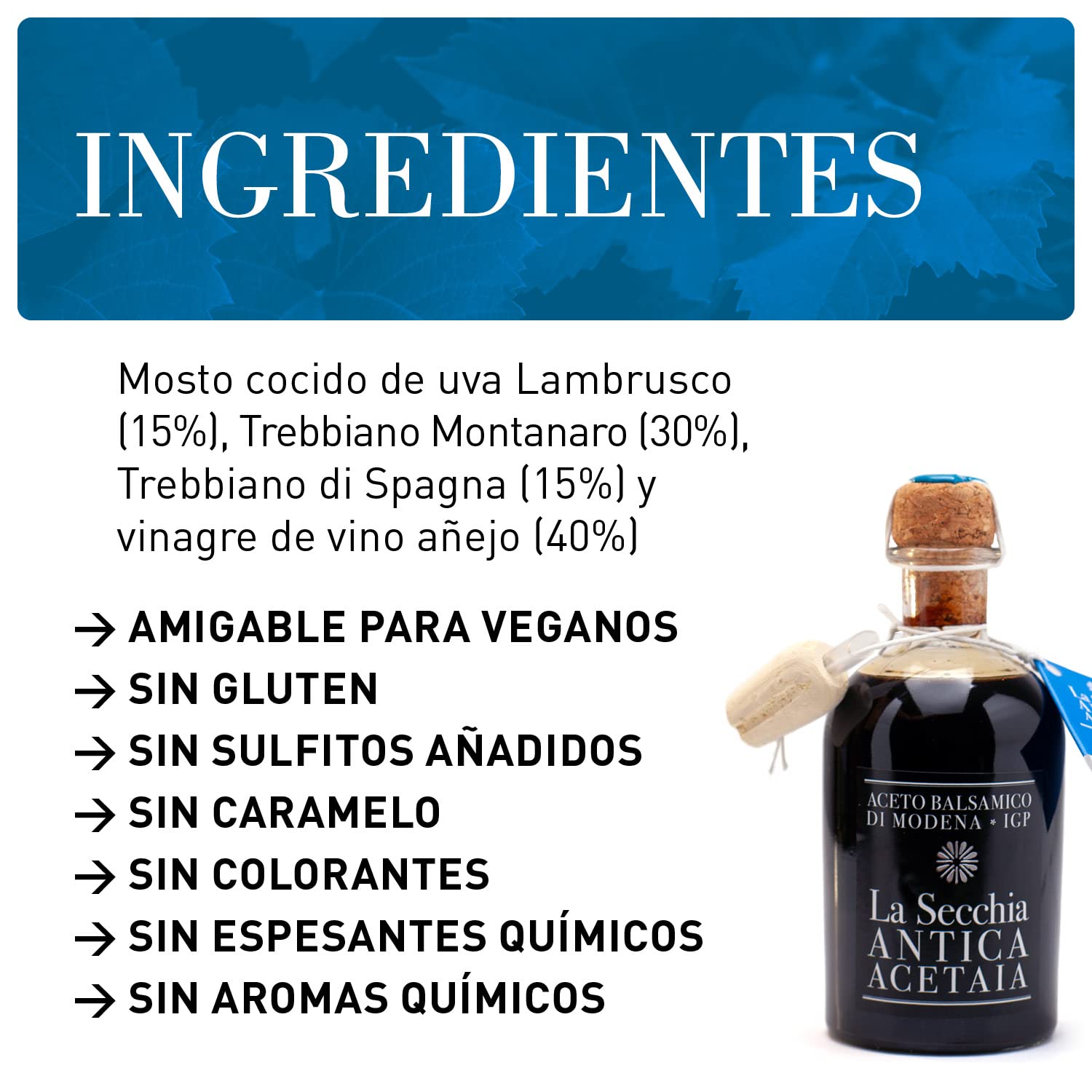 La Secchia - Aceto Balsámico de Módena IGP "Tres Estrellas", madurado en 12 barricas de Cerezo-Morera, densidad media, botella de 250 ml con tapón dosificador de corcho.