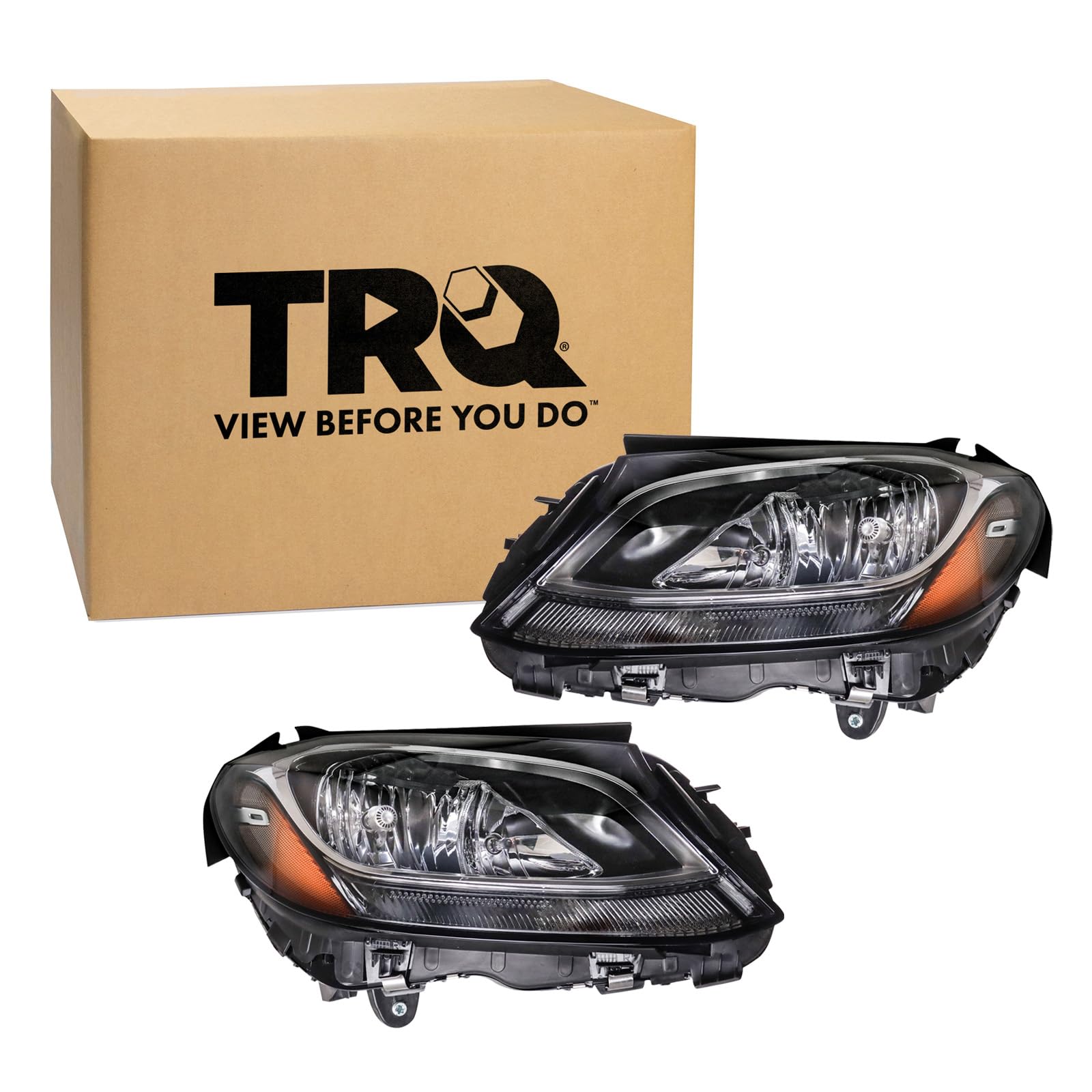 TRQ 2 Piece Headlight Assembly Set Halogen Driver &amp; Passenger Side Compatible with 2015-2020 Mercedes Benz C63 AMG 2015-2020 C300 Sedan 2015 C400