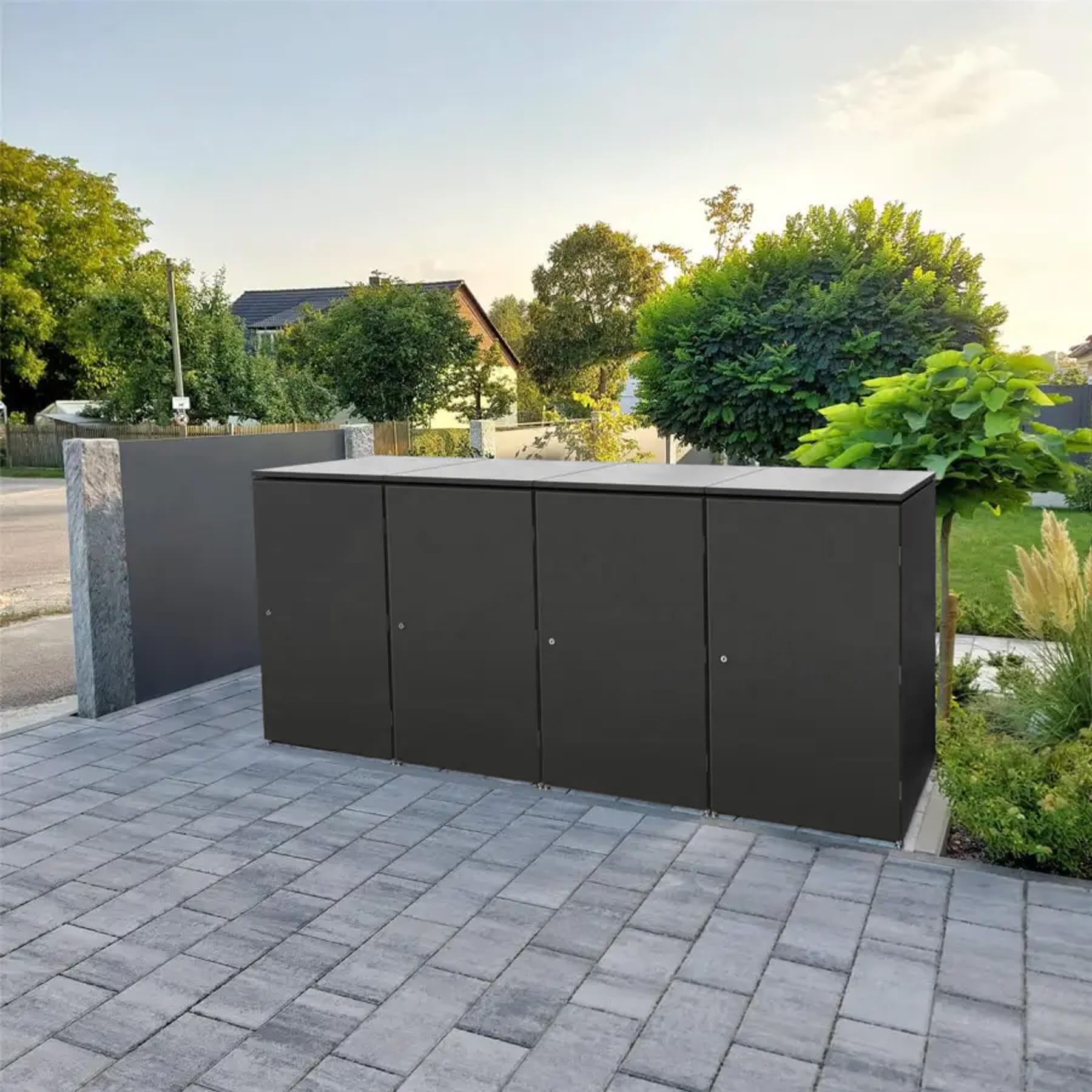 Metzler Mülltonnenbox 4er 240L in Eisenglimmer | Für 4 Tonnen aus Aluminium rostfrei & abschließbar | Mülltonnenverkleidung außen mit Automatikdeckel & höhenverstellbare Füße | Müllbox für Garten