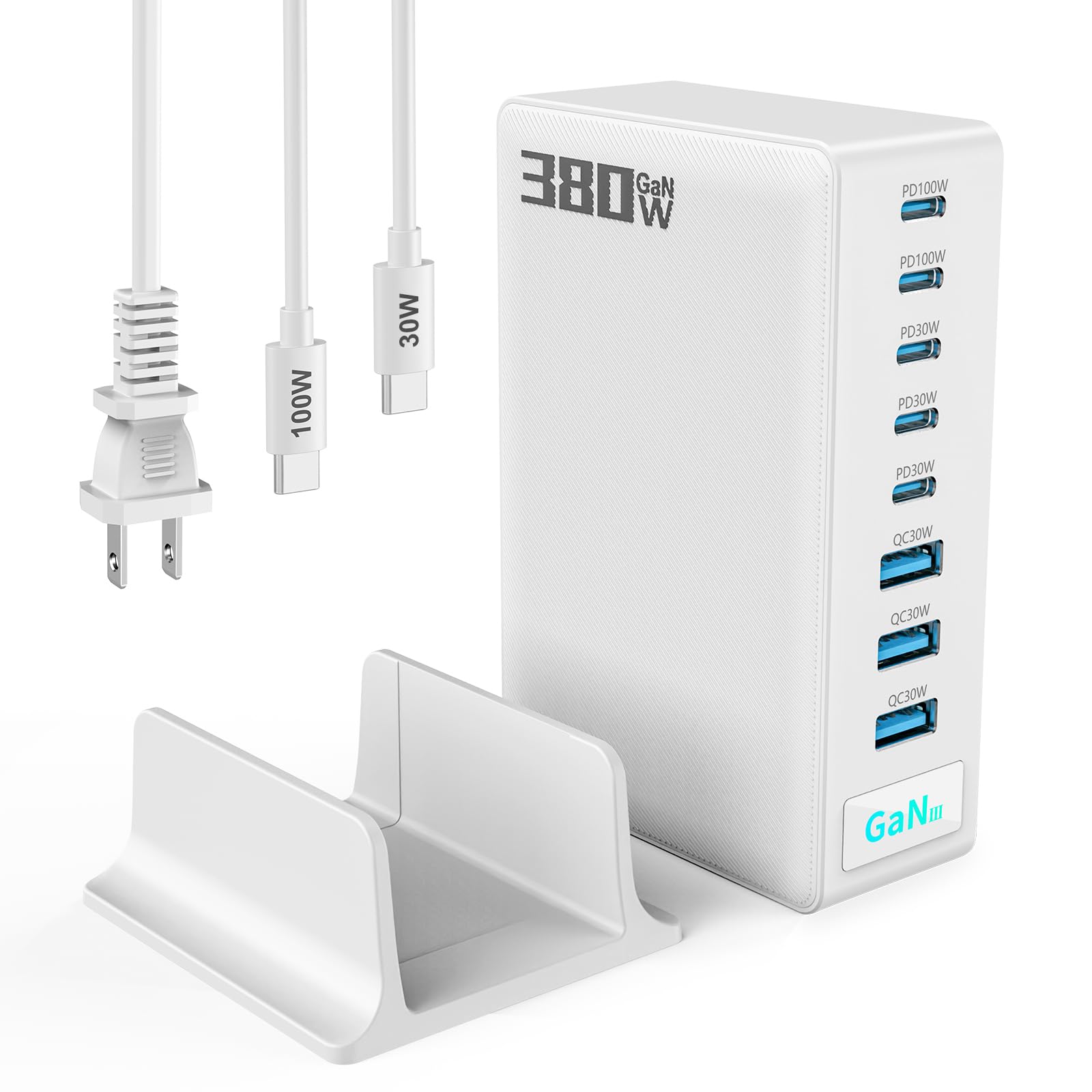 Photo 1 of 380W USB-C Charger Block, 8-Port USB-C Charging Station PD 30W + 100W PC Laptop, Fast Charging Hub with High-Power Fast Charging Cable for MacBook Pro/Air, DELL, iPad, iPhone, Samsung Galaxy, White