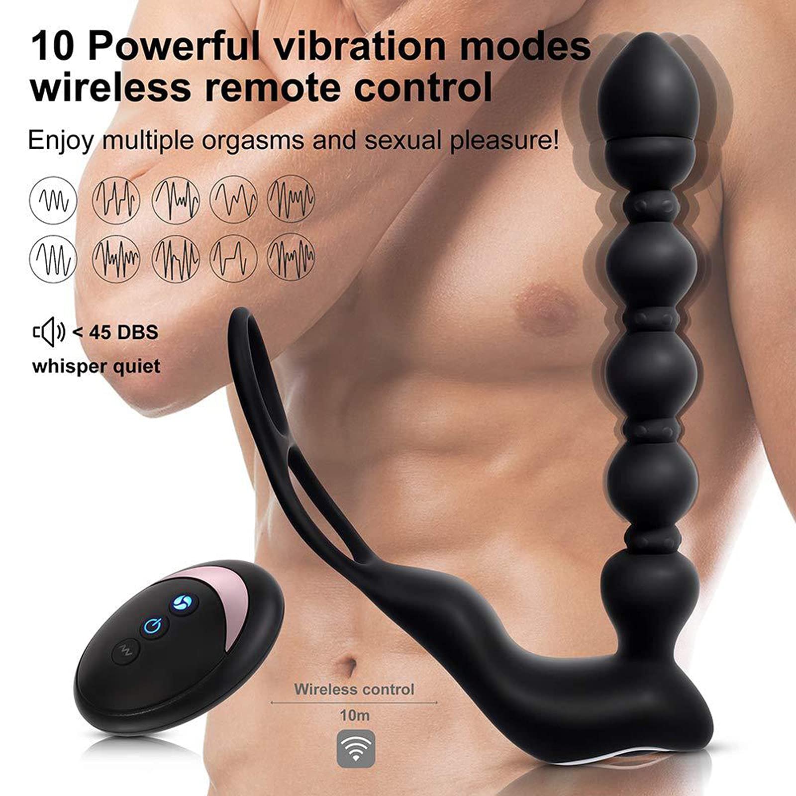 Stimulateur prostatique avec anneau anal, vibromasseur anal, stimulateur à double moteur, fonction chauffante, télécommande, neuf modes de vibration.