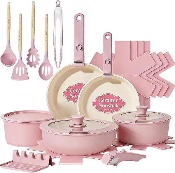 Umite Chef Pots and Pans Set Non Stick, 21 pcs Nonstick Ceramic Cookware Set, RV Kitchen Cooking Set with Detachable Handles, Oven Safe, Induction Cookware, Stackable, Pink, PFAS PFOA & PTFE Free - 1