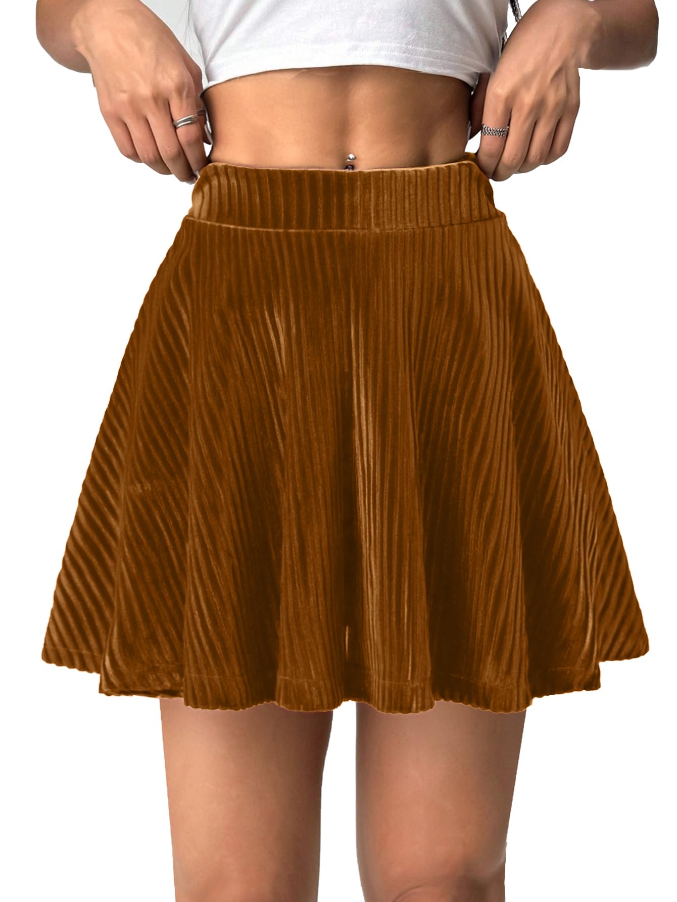 Womens Velvet Mini Skirts High Waisted Pleated Skirt with Shorts Christmas Stretchy Elastic Waistband Skort