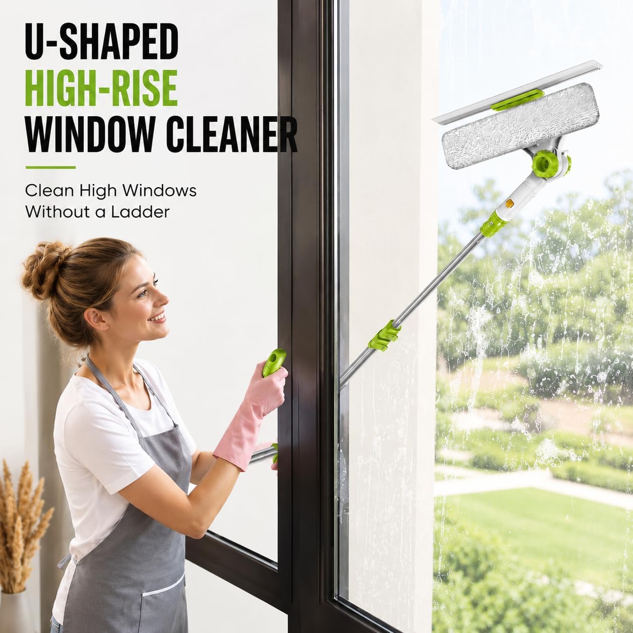ORIXA Outside Window Cleaner, U Shaped Extendable Squeegee, Detachable Rotatable Glass Squeegee with 2 Wiping Cloth Replacements