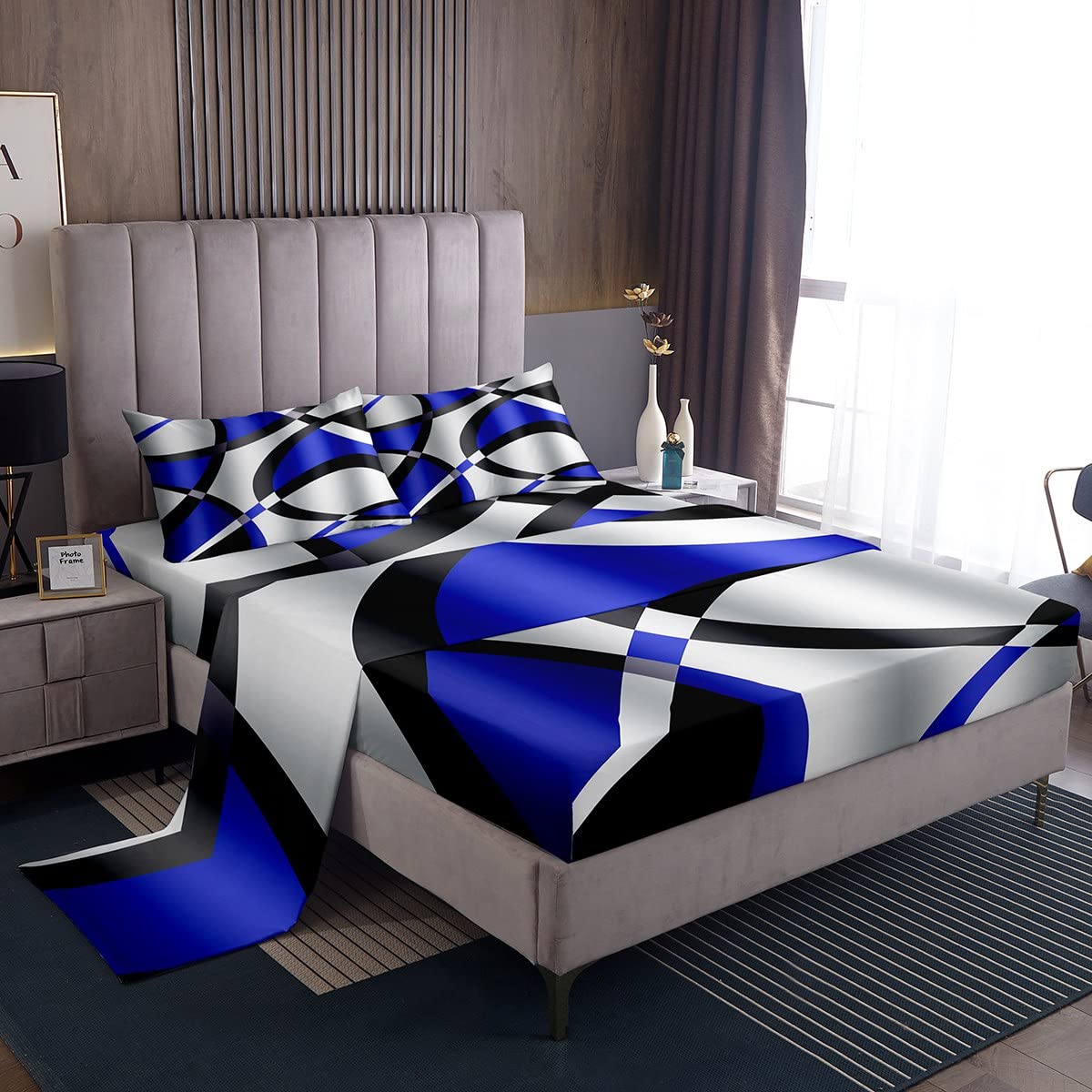 Juego de sábanas abstractas azules y blancas con bolsillo profundo, juego de sábanas geométricas circulares de remolino, juego de sábanas de rayas retro, juego de ropa de cama geométrico moderno, jue