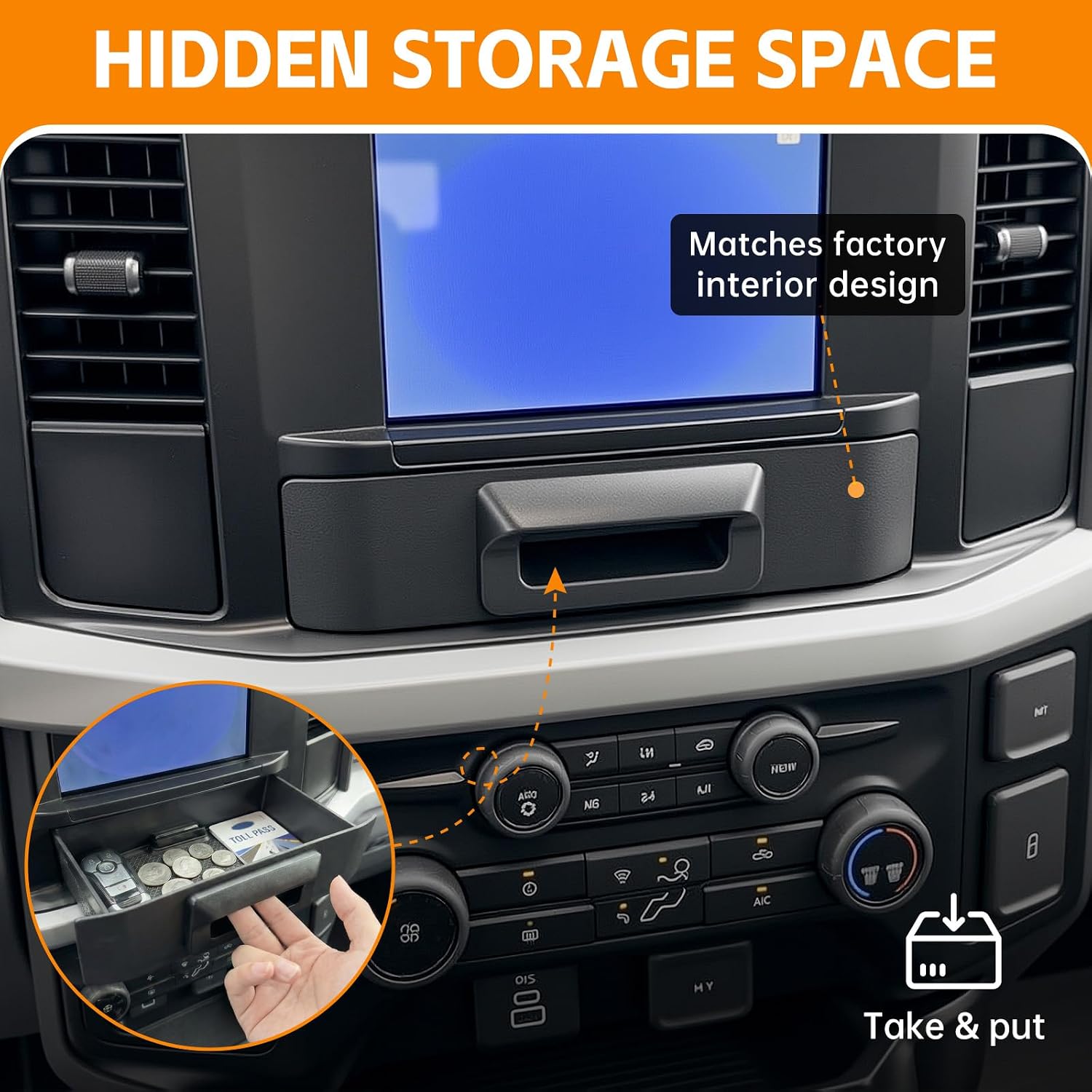 8" Screen Drawer Organizer Compatible with 2023-2025 Ford Super Duty XL F250 F350 F450 F550 Center Console Organizer Storage Tray Dashboard Box Storage Bin for 2024 Ford F250 XL Accessories