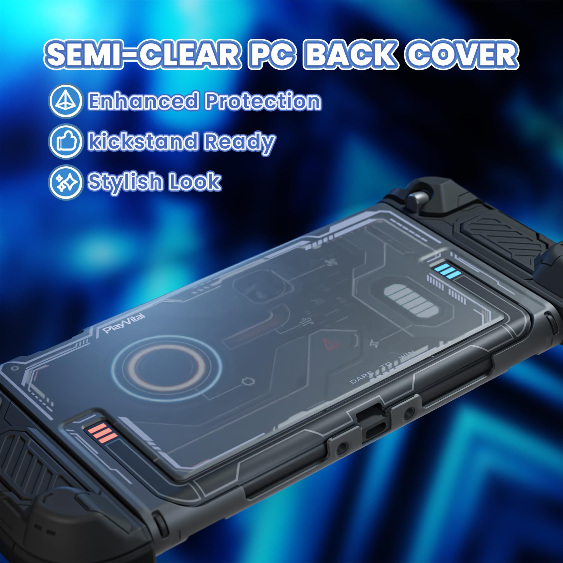 PlayVital Protective Case for Nintendo Switch 2, Stellar Mecha Ergonomic Anti-Slip Silicone Grip Cover, Dockable Hard Case Shell for Switch 2 with Joystick Cap & Sticker - Black - 4