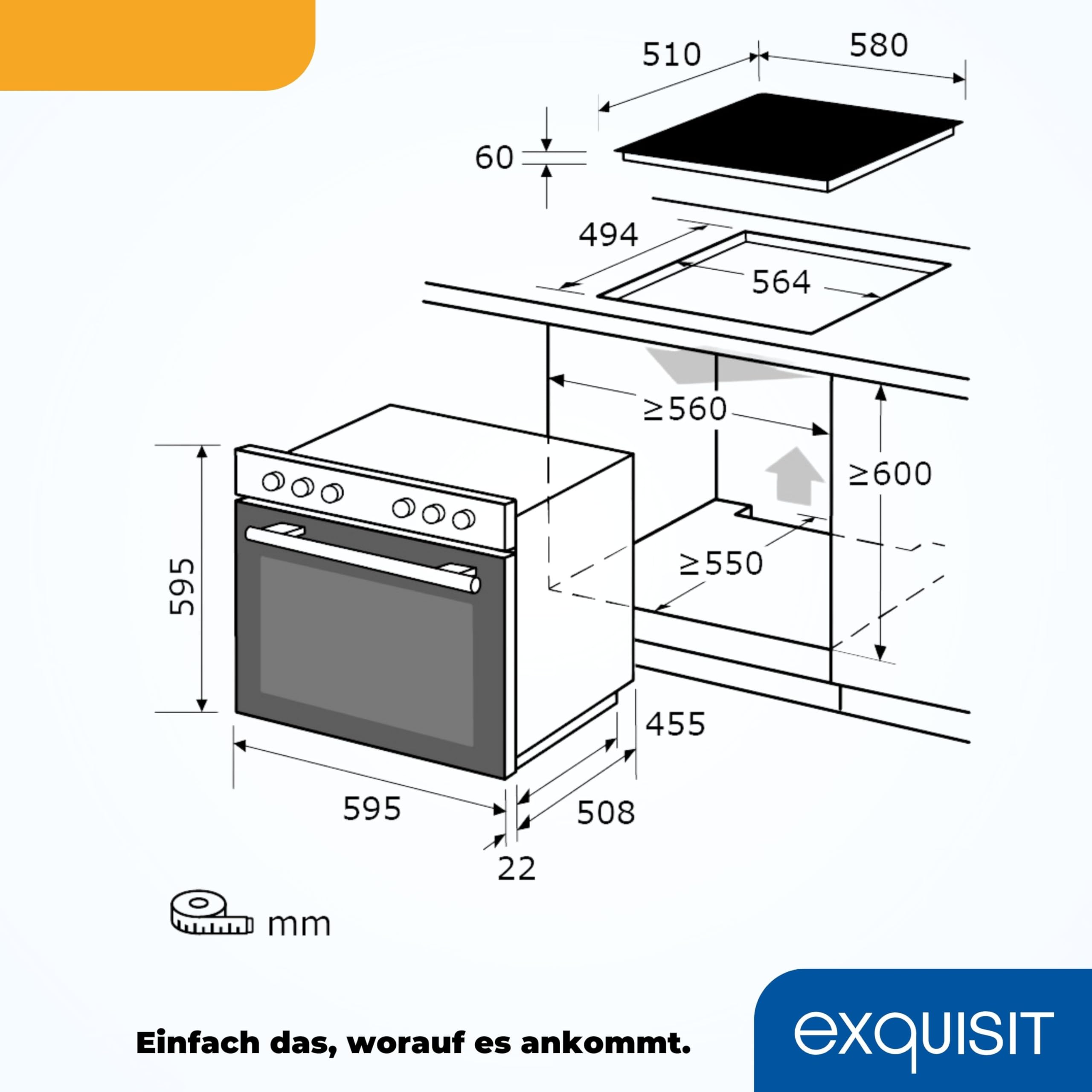 Exquisit EHE 156-2.1 U-Set - Cocina empotrable (59 L, eficiencia energética A, acero inoxidable)