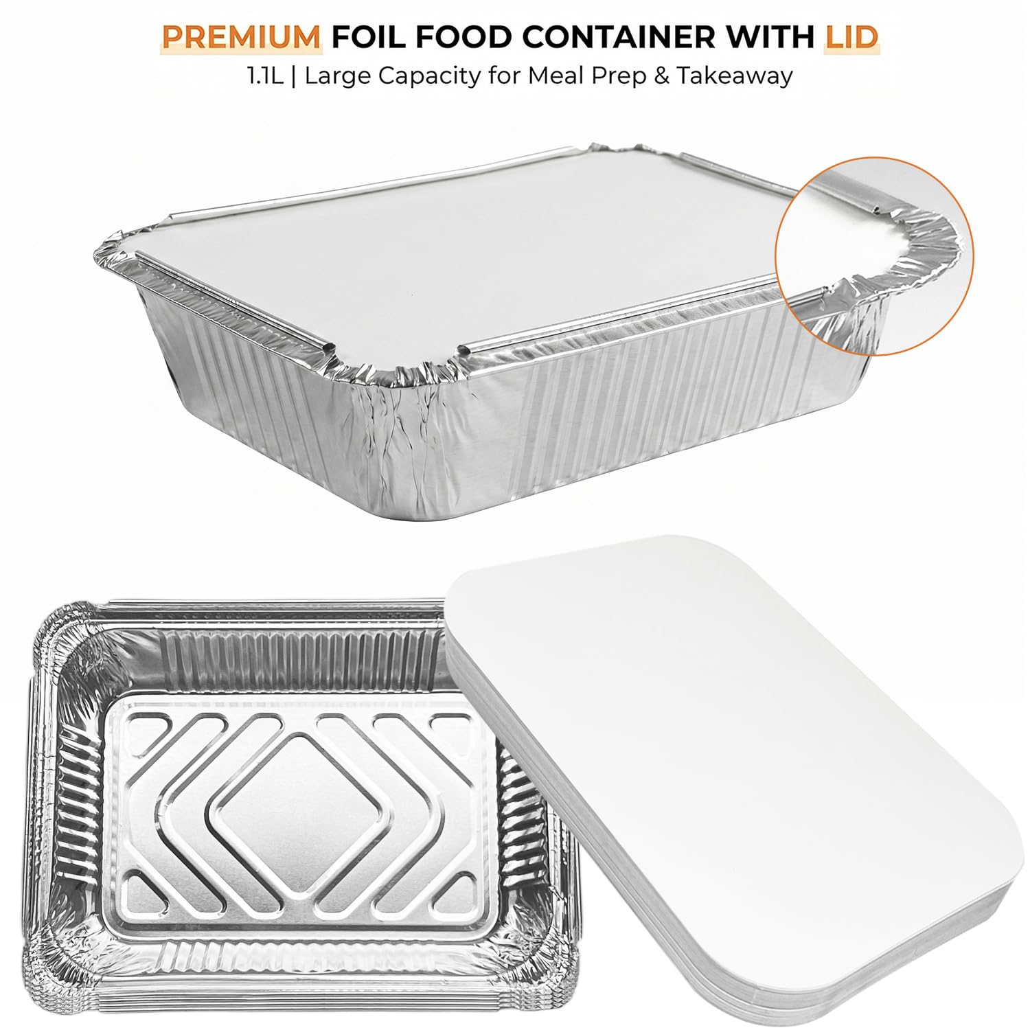 50x Vaschette Alluminio con Coperchio, Vaschette 1100 ml Resistenti - Contenitori Alimentari per Forno e Freezer - Teglie Rettangolari Ideali per Lasagne, Barbecue e Batch Cooking