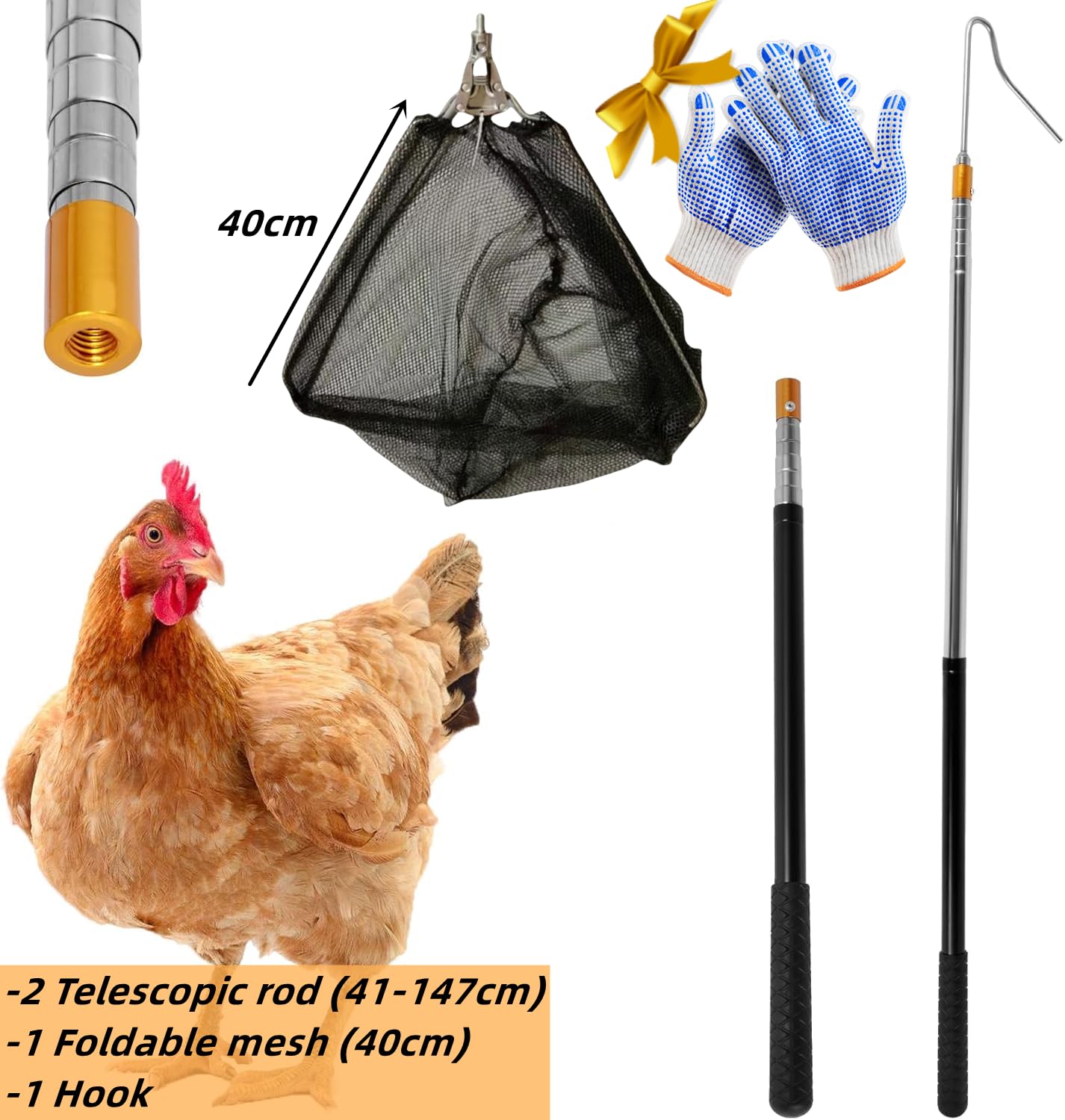 Rete di pollo,Rete per catturare pollame, Rete raccogli polli, Rete da pesca, 58,5 pollici, con impugnatura in gomma antiscivolo, può sopportare 3,5 libbre di pollo, utensili agricoli,1 Guanti