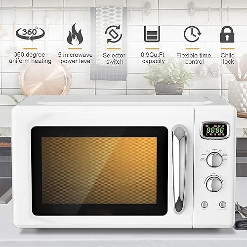 Vista 15 de GOFLAME Horno microondas grande de 0.9 pies cúbicos, microondas retro de 900 vatios con bloqueo de seguridad para niños, función de descongelación