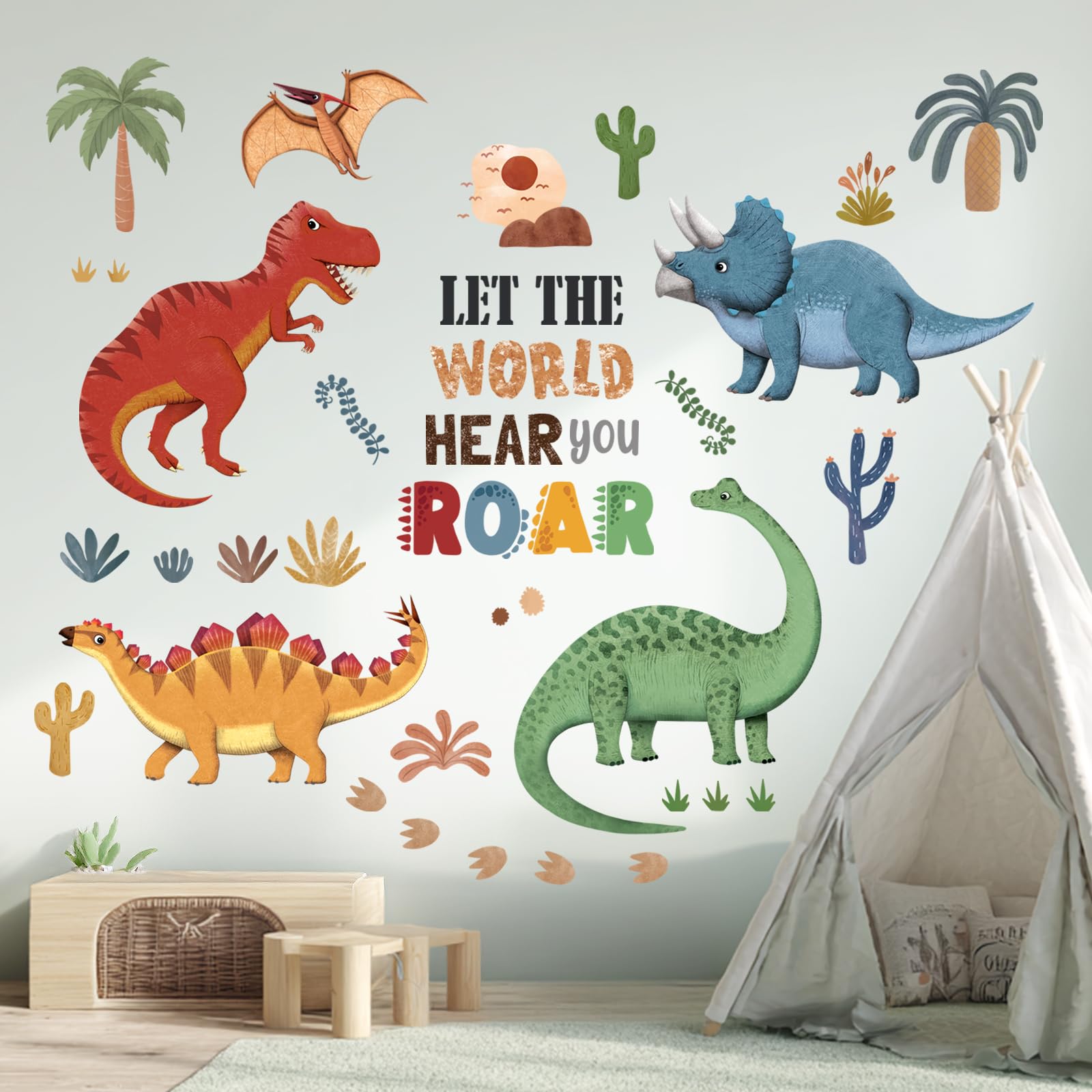 Decowall Boys Boho Dino Saur Wall Stickers Dino Palm Tree Wall Decals Bedroom Kids Room Classroom Home Décor (Sg2-2425)