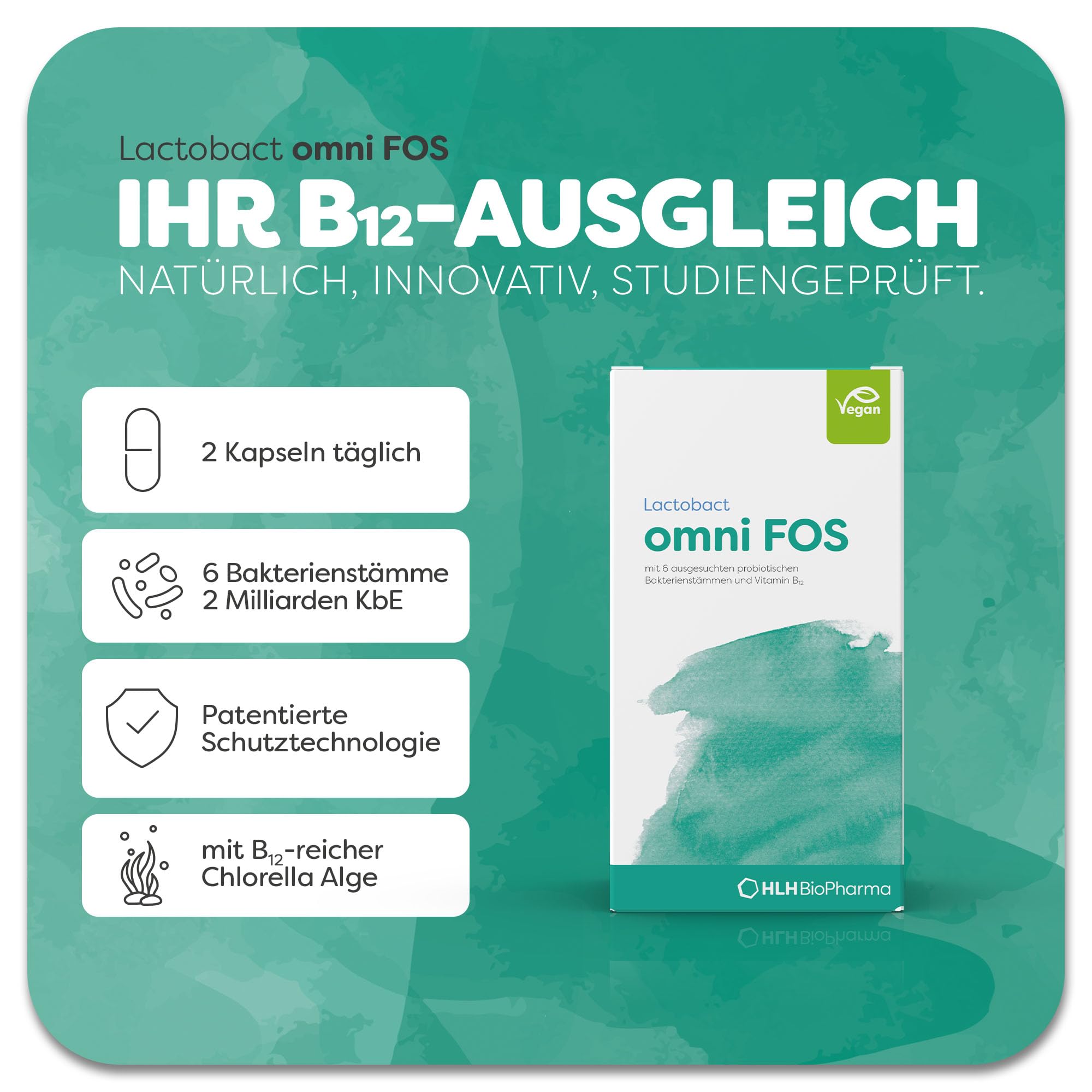 Lactobact omni FOS, 2 x 60 Kapseln Sparset – 6 biologisch aktive Bakterienstämme & Vitamin B12 aus der Mikroalge Chlorella vulgaris für Energie*, Nerven* und die geistige Funktion*