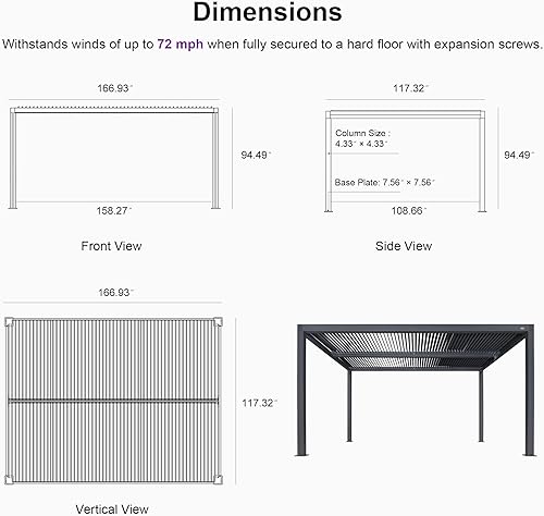 Miniatura 40 de PURPLE LEAF Pérgola 94AS con listones de aluminio para exteriores de 12 x 20 pies con techo ajustable para terraza, patio trasero, jardín, kiosco