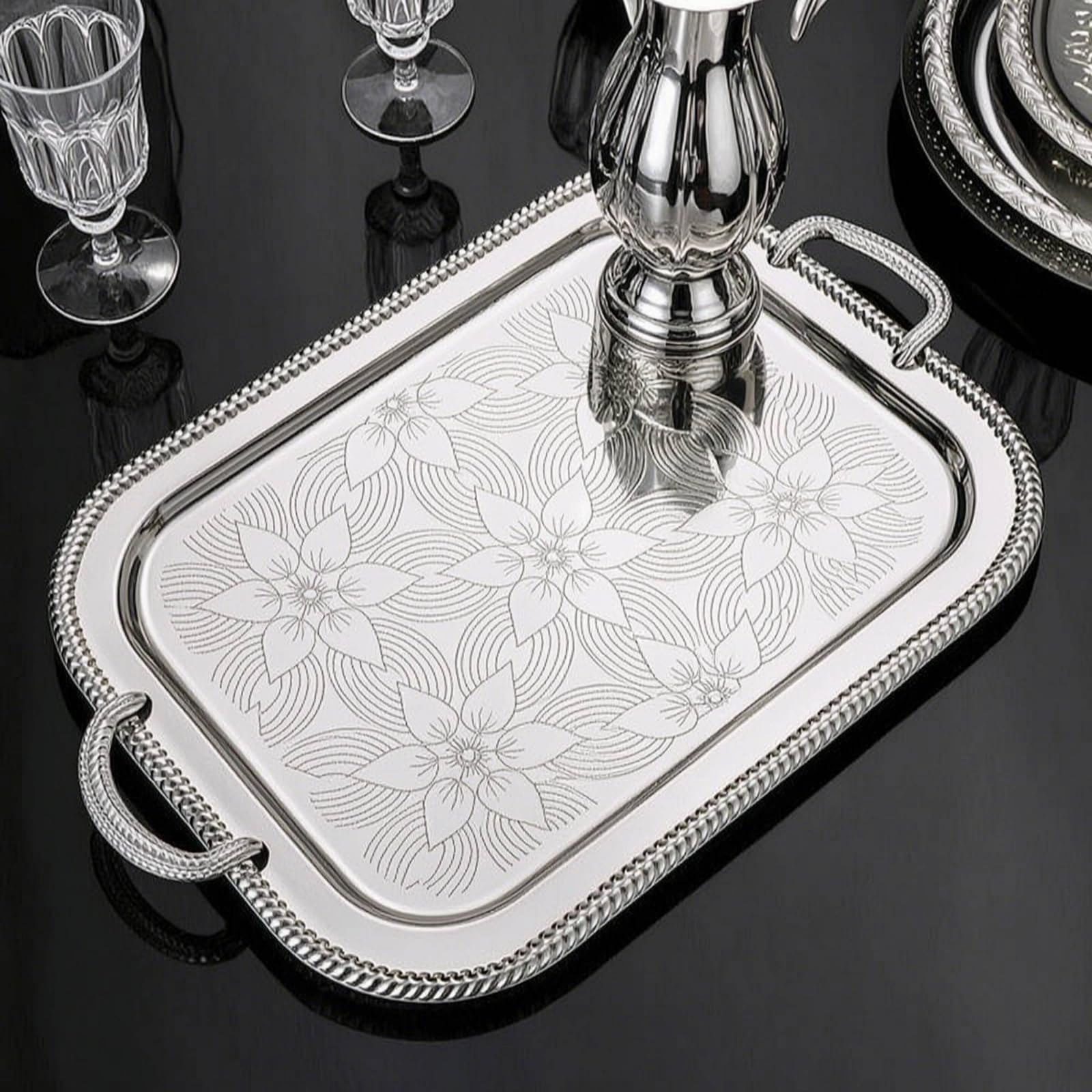Baoblaze Bandeja Industrial Bandeja para Servir Bandeja Metálica Bandeja Rectangular Bandeja con Asas Hierro con Acabado Espejo y Diseño Grabado Adecuada para, Plata, Grande