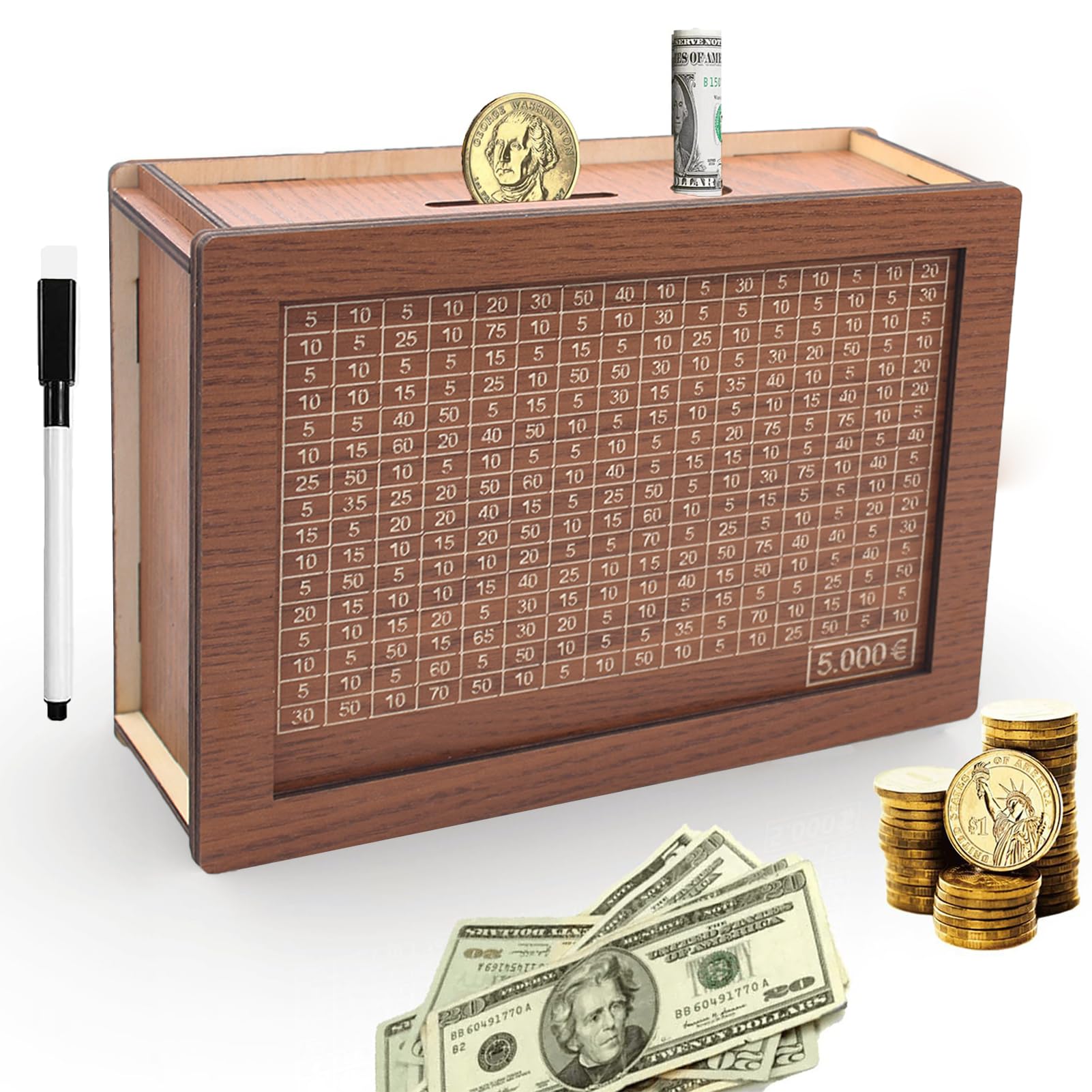 Hucha para Ayudar a Los Niños a Desarrollar el Hábito de Ahorro,Hucha Madera con Objetivos de Ahorro y Cifras para Comprobar,Hucha con Contador para Decorar de Madera -5000 €