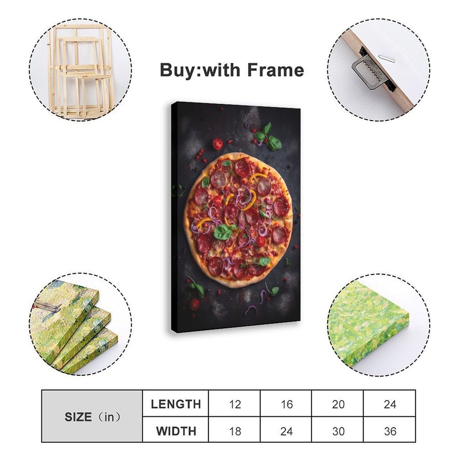 GIEIG Kunstdruck für Küche, Restaurant, Essen, leckere Salami, Pizza, Poster, Druck für Teenager, Jungen, Zimmer, Leinwand, Wandkunst, Leinwand, Gemälde, Druckrahmen, 40,6 x 61 cm