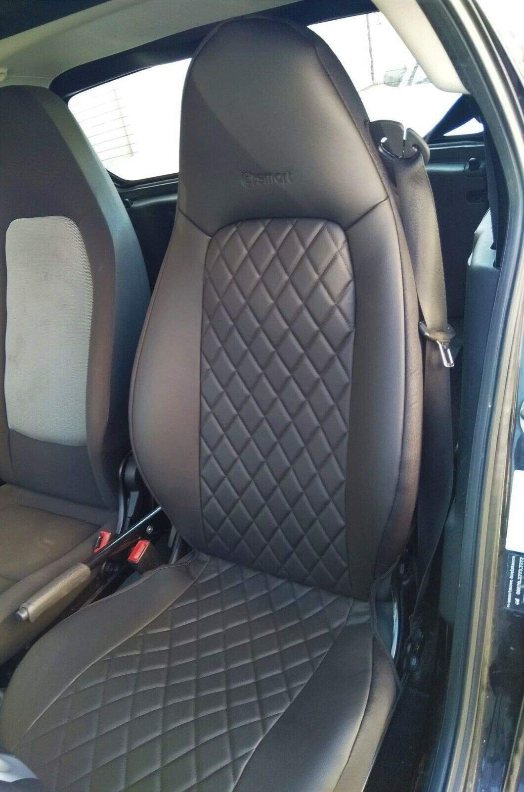 Top Car Athens || Rhombus | Zwei Luxus Autositzbezüge | Kunstleder & Synthetik Schwarz Rückseite Oberfläche | 100% Passgenau, Kompatibel mit SMART FORTWO (451) | Sitzbezügesets | Farbe Schwarz