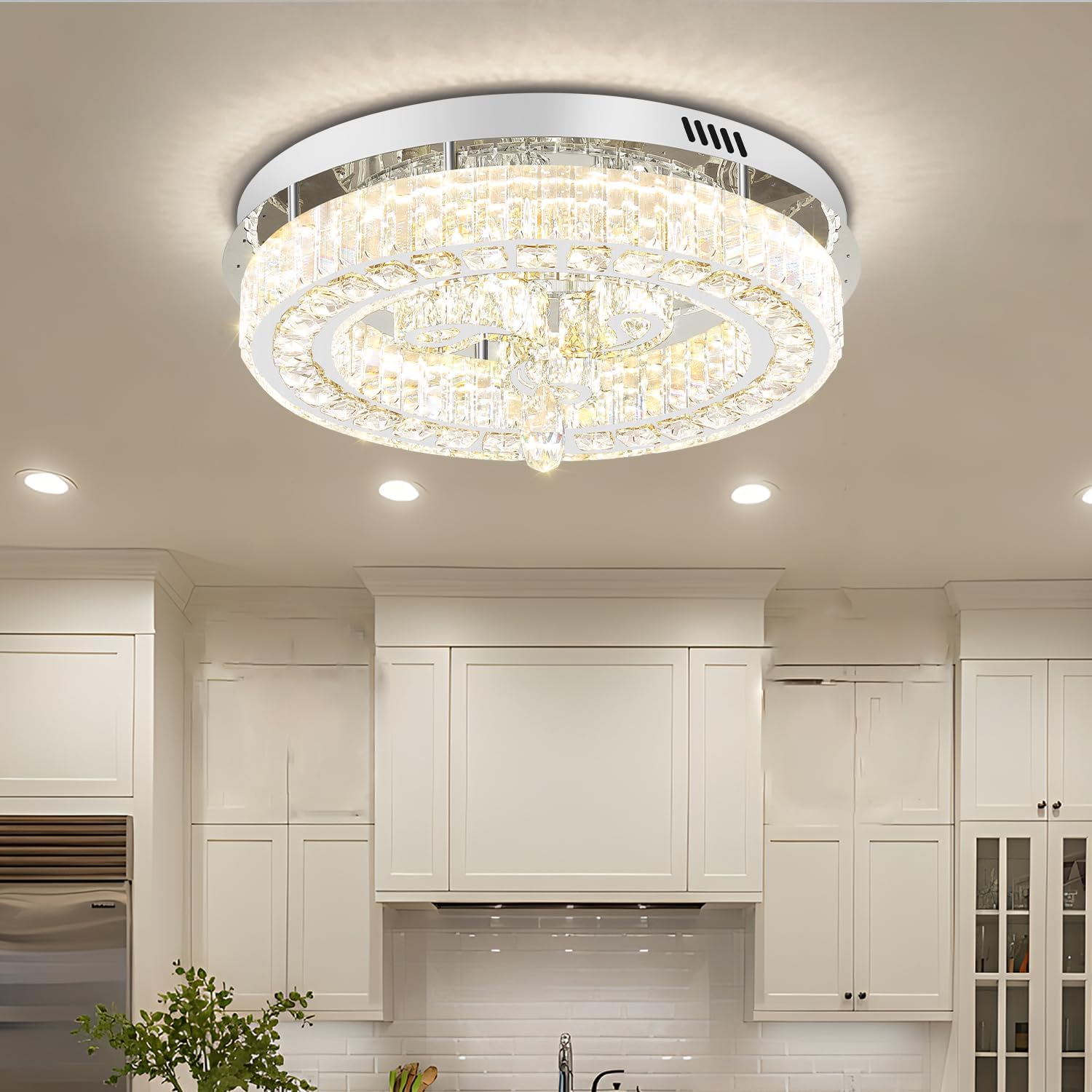 20'' Silver Modern Crystal Chandelier LED Dimmable Flush Mount Crystal Ceiling Light for Living Room Bedroom Dining Room