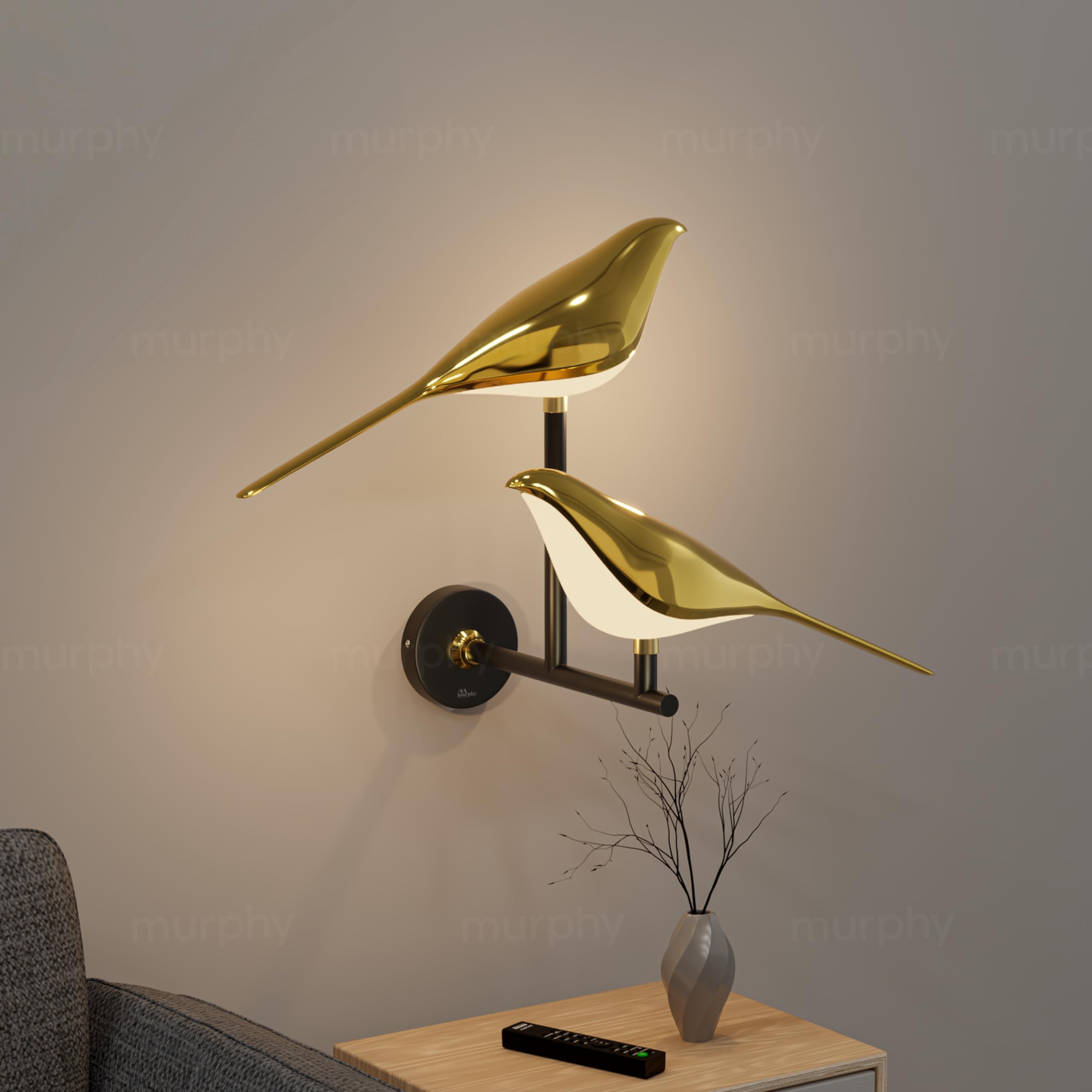 Murphy Golden Bird Twins Wall Light for Living Room, Bedroom, Cafe - Modern 3-in-1 Colo, Stone Finish Wall Sconce, Home & Office Decoration (Pack of 2)