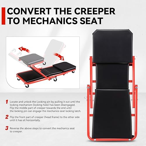 Miniatura 4 de Auto Dynasty Asiento Z-Creeper de 36 pulgadas, asiento plegable de garaje 2 en 1, capacidad de 330 libras, asiento de reparación mecánica automotriz