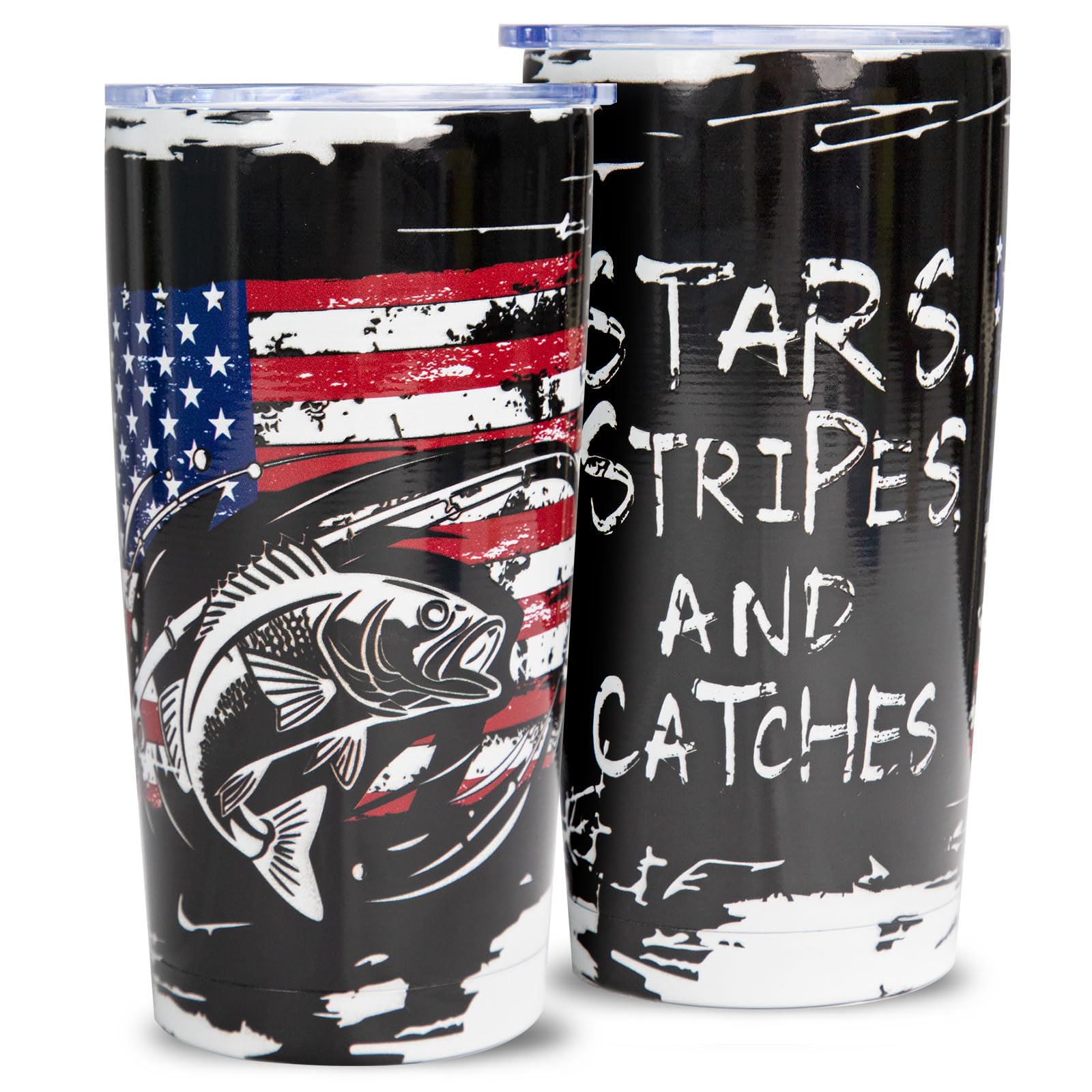 Patriotic Fishing Gifts for Men - 20oz Fish Tumbler Double Vacuum Insulated Leak-Proof Mug Cup for Anglers Fishermen