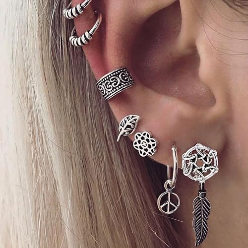 Vista 2 de Ofertas de liquidación 7 unidsset atrapasueños hoja oreja cuff aretes mujeres joyería vintage regalo