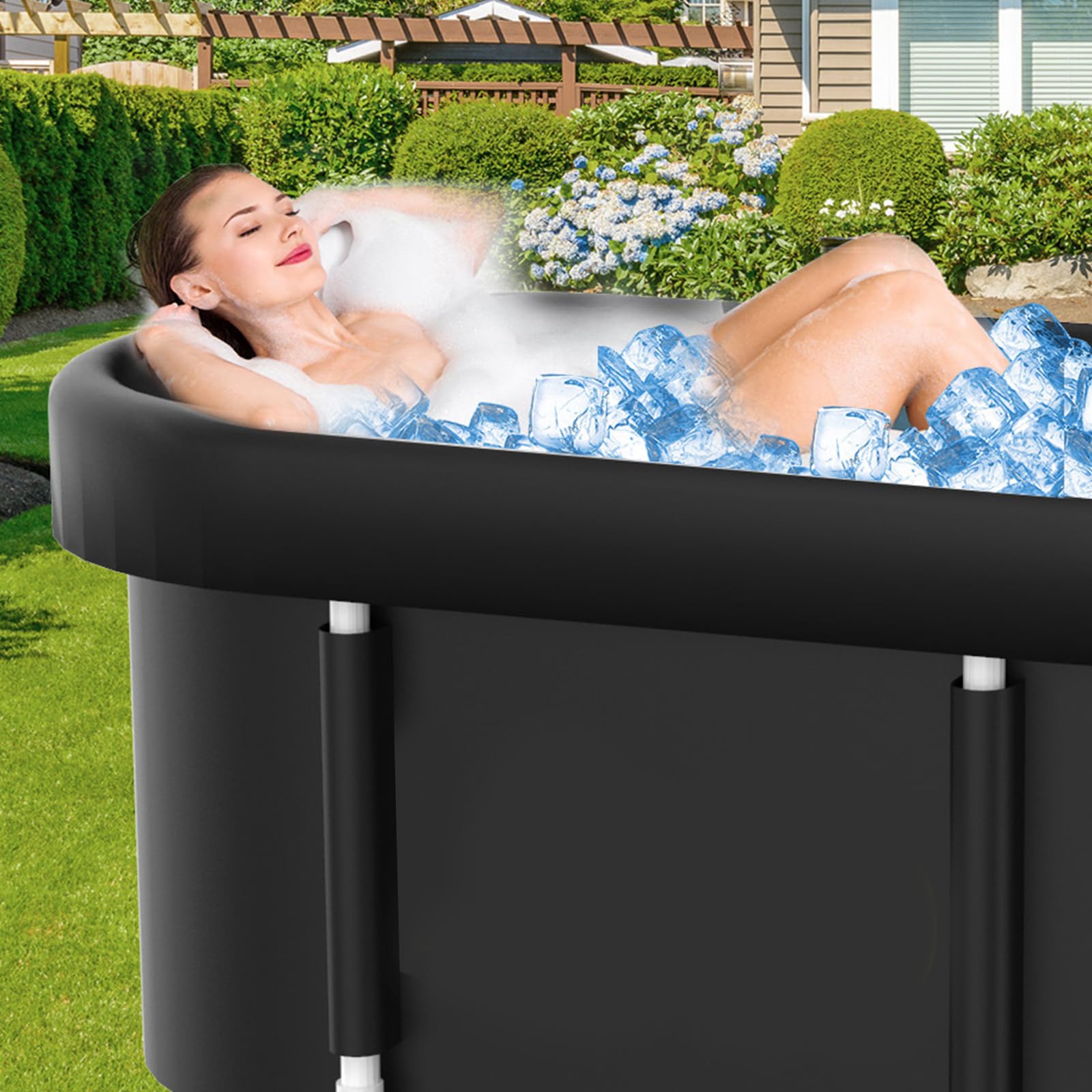 Bañera de hielo plegable, 115 x 60 x 50 cm, portátil, ovalada, con marco de aluminio, tubo de drenaje y cojín para recuperación y relajación, color negro