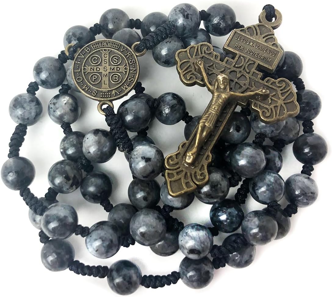 Catholic Heirlooms St. Benedict Black Labradorite 8mm Stone Cord Rosary with 10mm Bracelet Set
