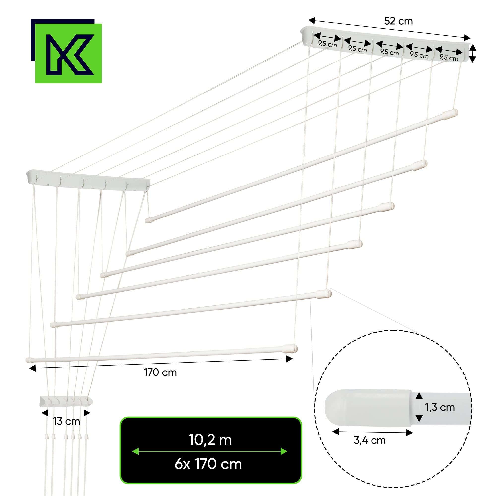 KADAX Deckenwäschetrockner, 10.2m Trockenfläche, Wäschetrockner für die Decke 6, Wandtrockner mit Polyethylen bezogenen Stahlsprossen, Deckentrockner Traglast 12kg (6x170/weiß)