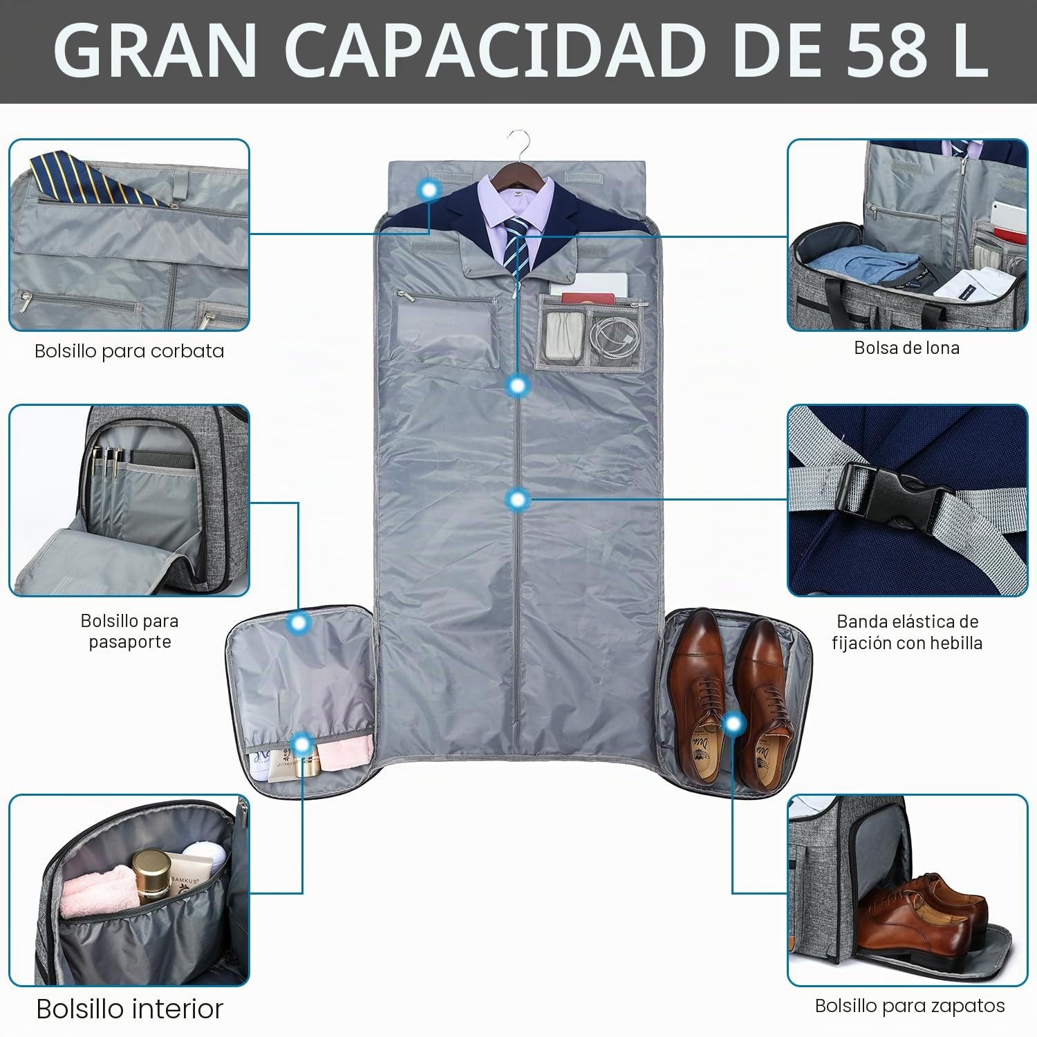 TUGUAN Bolsa Portatrajes Hombre Bolsa de Viaje para Ropa, 3 en 1, Convertible Equipaje de Mano Bolsa de Ropa para con Compartimentos para Zapatos y Mochila Función Escapadas Viajes de Negocios, Gris